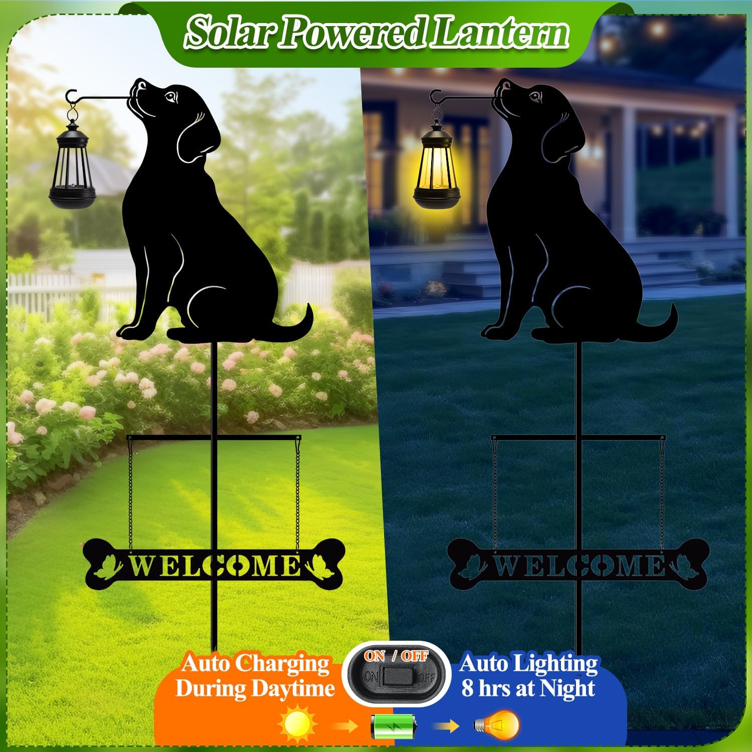 Tfro & Cile Solar Light Garden Stake 49 Inch Black Golden Retriever Welcome Sign Decorative Dog Lantern Ornament Outdoor Garden Decor for Lawn Yard Patio