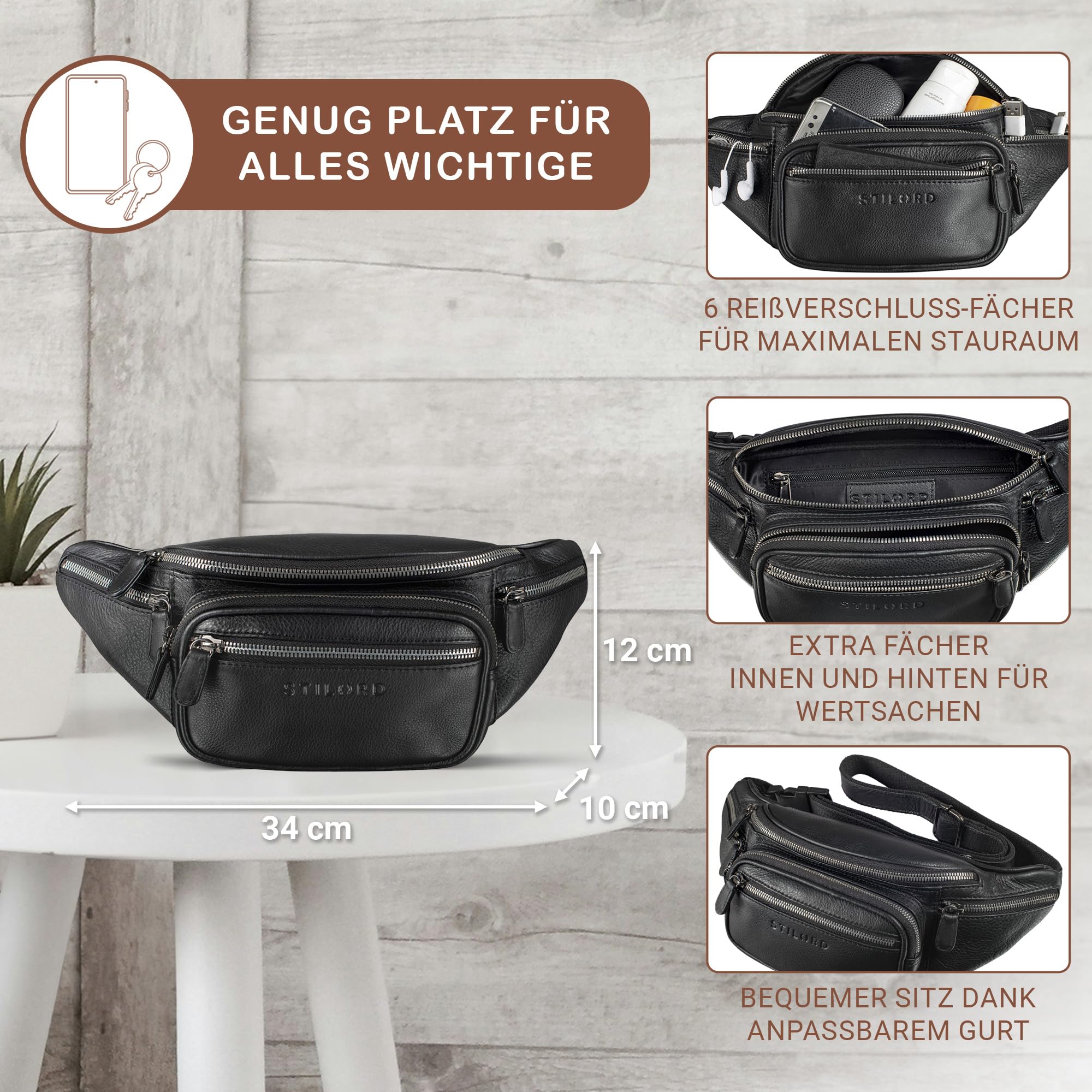 STILORD große Leder-Bauchtasche Cognac - Vintage Gürteltasche für Herren, Damen & Kinder - Retro Hüfttasche für Jogging, Festival, Urlaub Caspar