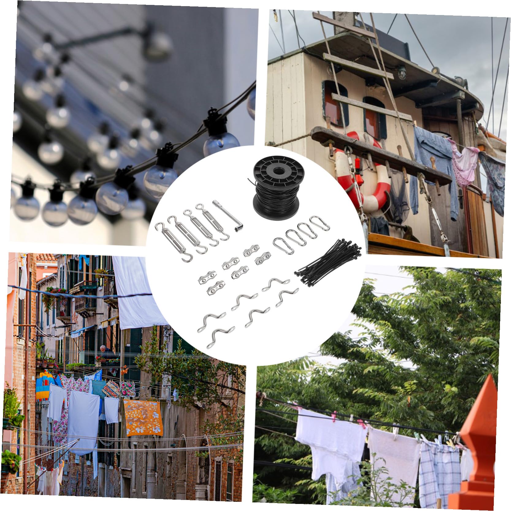 Outdoor Lichterketten Aufhängeset 1 Satz aus Pvc und Edelstahl Schwarz | Gewindespanner, Wasserbeständig, für Außenanwendungen und Wäscheleinen, Einfache Montage