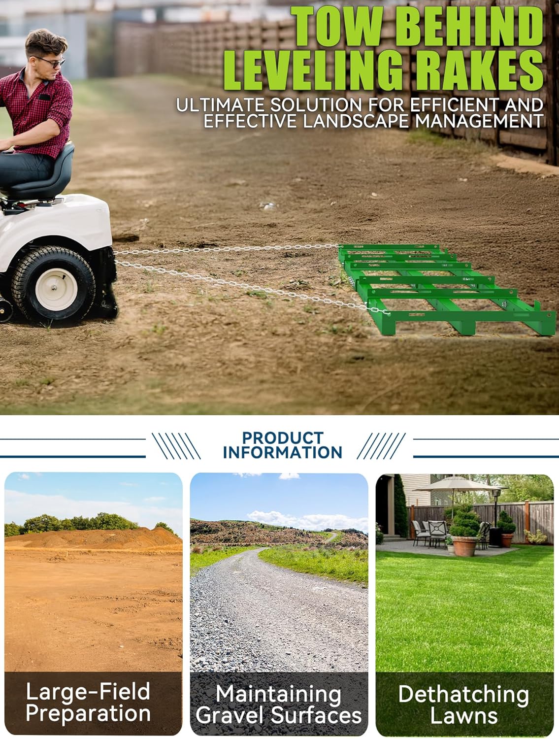 8ft Heavy Duty Drag Harrow for ATV, UTV, Tractor - Adjustable Tow Behind Leveling Rake with Weight Tray for Driveway Grader, Lawn, Field, Pasture, Food Plot Maintenance​, Green(96 inch)