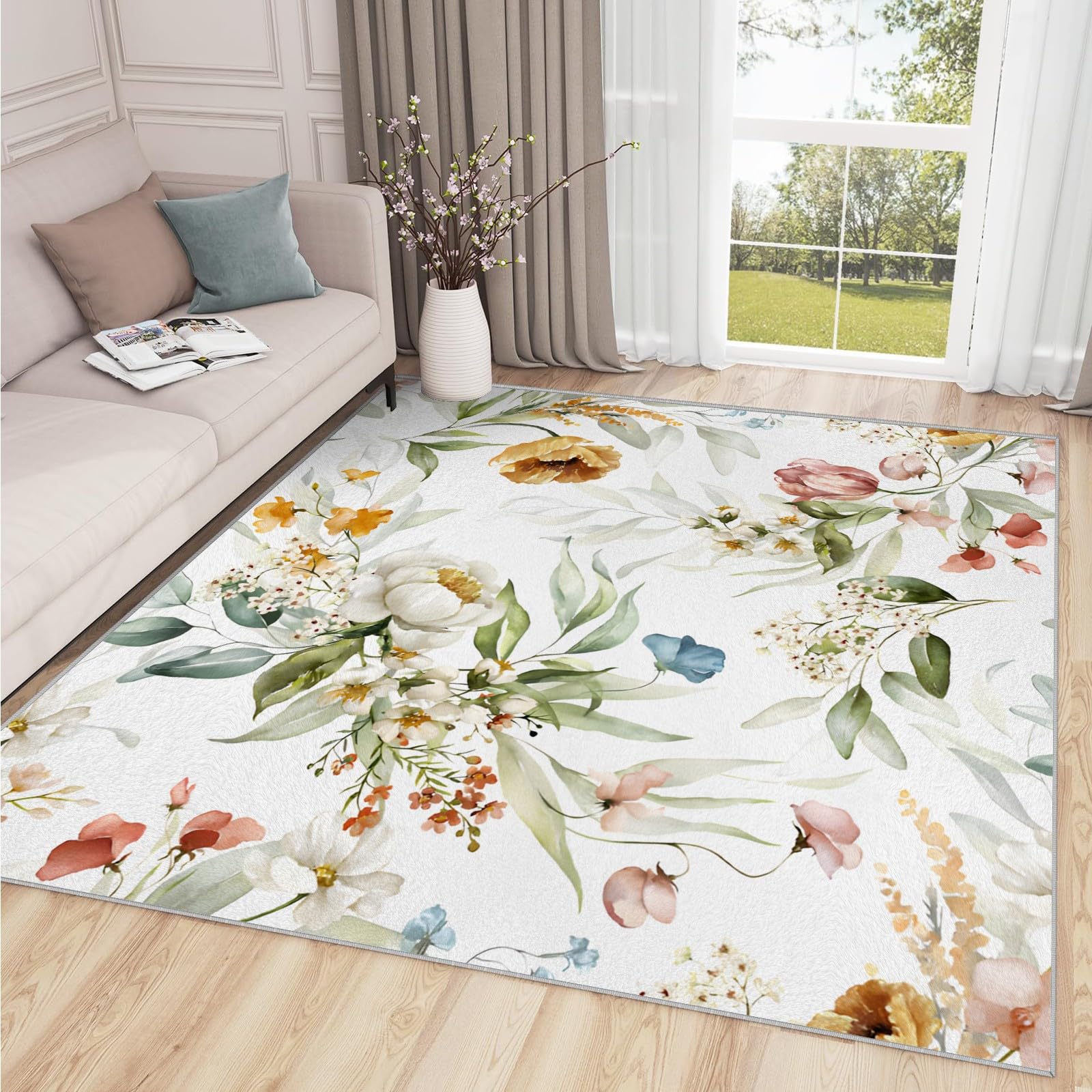 Waschbarer Kurzflor Teppich 120x160 cm – Weich & rutschfest, Mehrfarbige Wildblumen Teppich NatüRlich Wohnzimmerteppiche Modern QJ-116