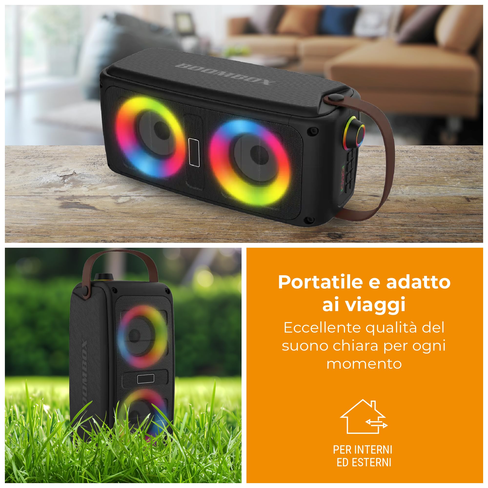 Denver BTV-230 – Cassa Bluetooth potente portatile con luci RGB, altoparlante Bluetooth 100W Max, USB/SD/AUX, 7h di autonomia, microfono integrato
