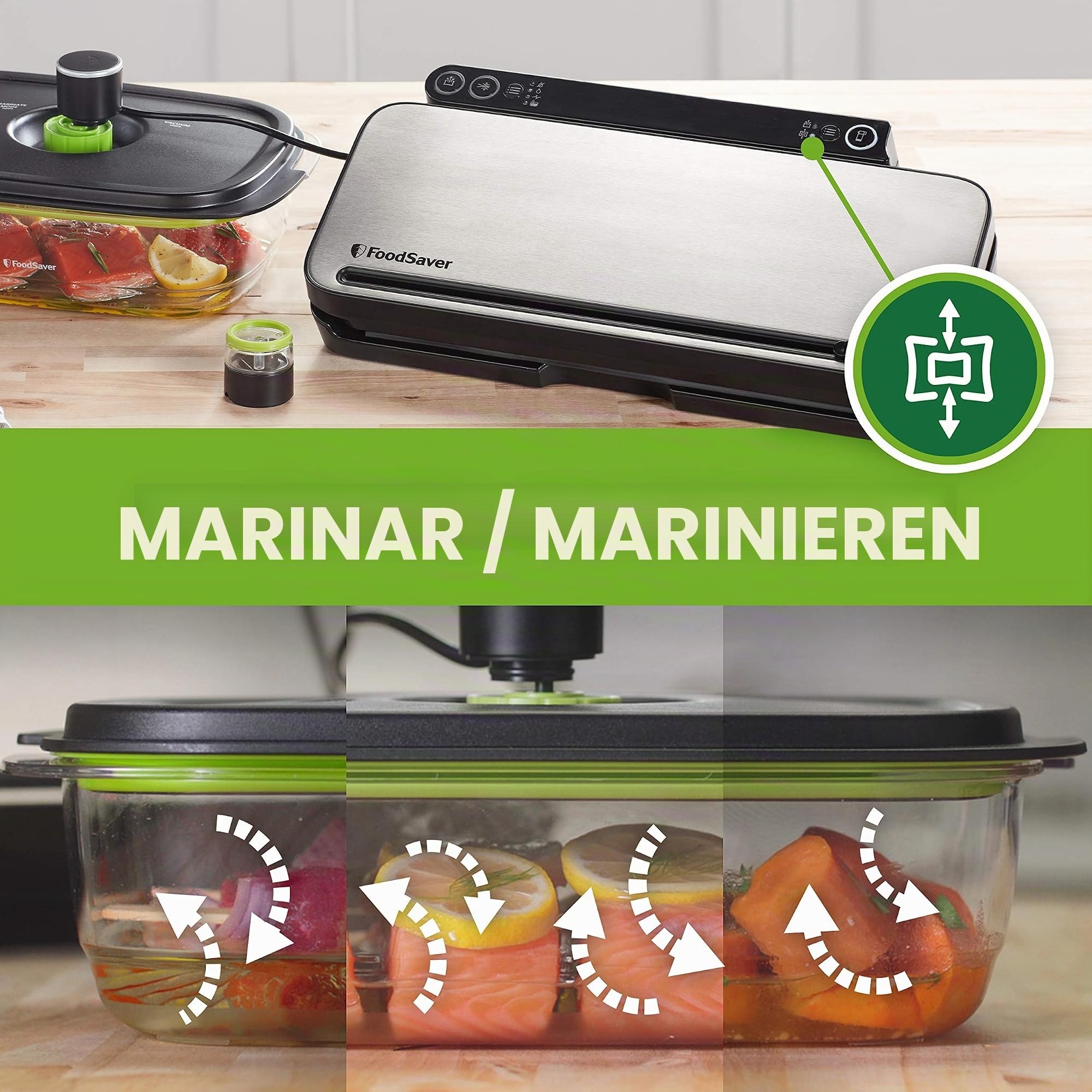 FoodSaver Premium VS3190X Envasadora al vacío,4 bolsas & 4 bolsas con cierre tipo zip, Acabado plata y negro & FoodSaver Recipiente para conservar y marinar al vacío