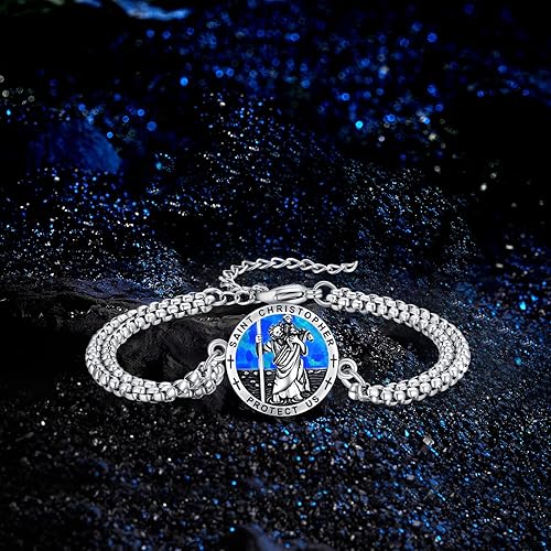 Miniatura 8 de Pulsera unisex de San MiguelCristóbalBenedictoJudeJoséGuadalupeÁngel de la GuardaSanta Muerte Pulsera de plata de ley 925 con cadena de doble