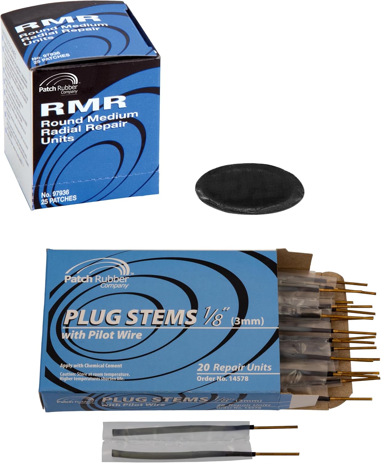 Myers Tire Supply Patch Rubber Company Plug and Patch Kit 1/8” – Includes 20 Plug Stems with Pilot Wire & 25 RMR Small Round Tire Repair Patches
