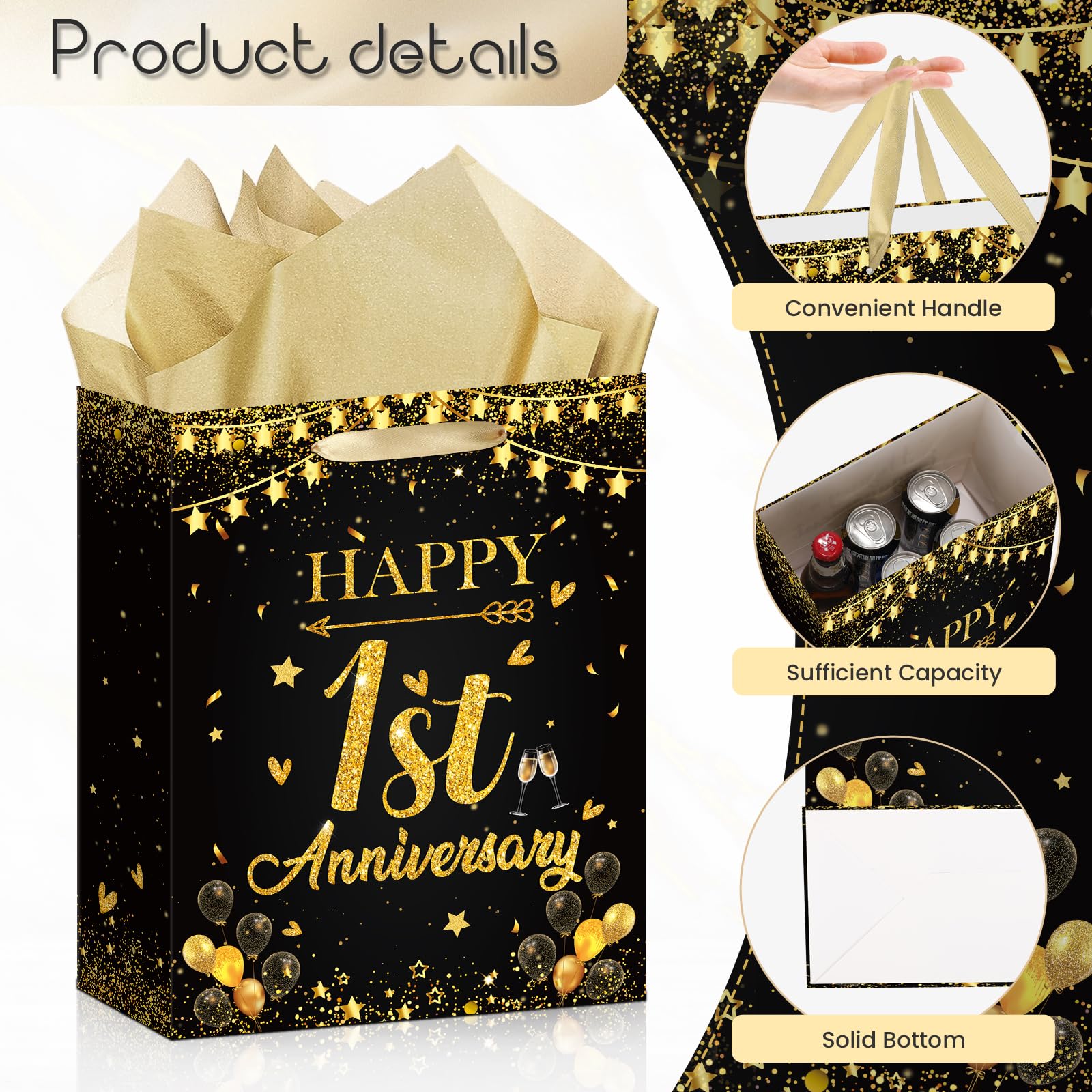 Happy 1st Anniversary Party Favor Bag Black Gold One Year Wedding Anniversary Wrapping Paper Bag with Tissue Paper and Greeting Card First Wedding Candy Goodies Treat Bags for Couple Wife Husband