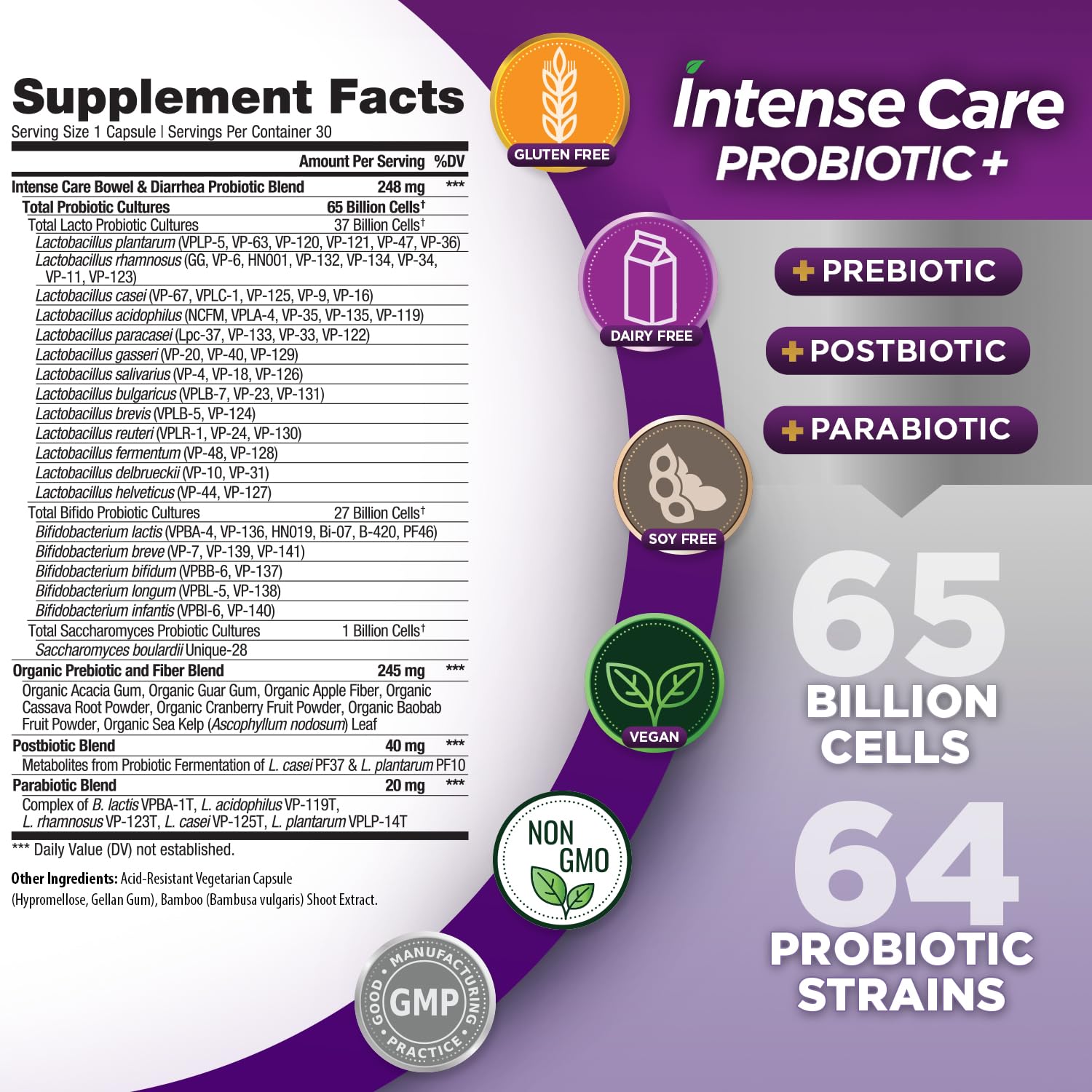 Vital Planet - Intense Care Bowel and Diarrhea Probiotic Supplement with Organic Prebiotics, Postbiotics, and Parabiotics, Lactobacillus Rhamnosus and Saccharomyces, 65 Billion CFU, 64 Strains, 30 Ct — Amazon image 2