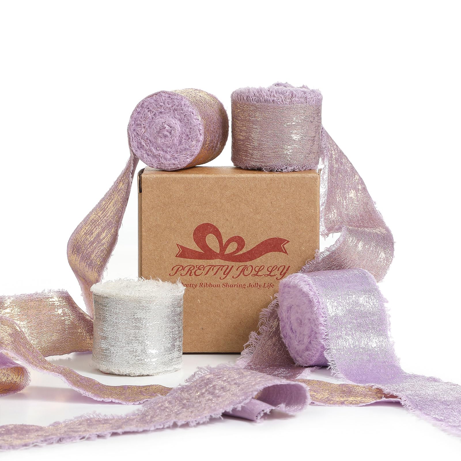 Pretty Jolly Purple Chiffon Ribbon for Gift Wrapping - Handmade Frayed Silk for Flower Bouquet - Shimmery Gold Fringe 1 Inch x 5 Yard 4 Rolls for Hair, Wedding Invitations, DIY Crafts