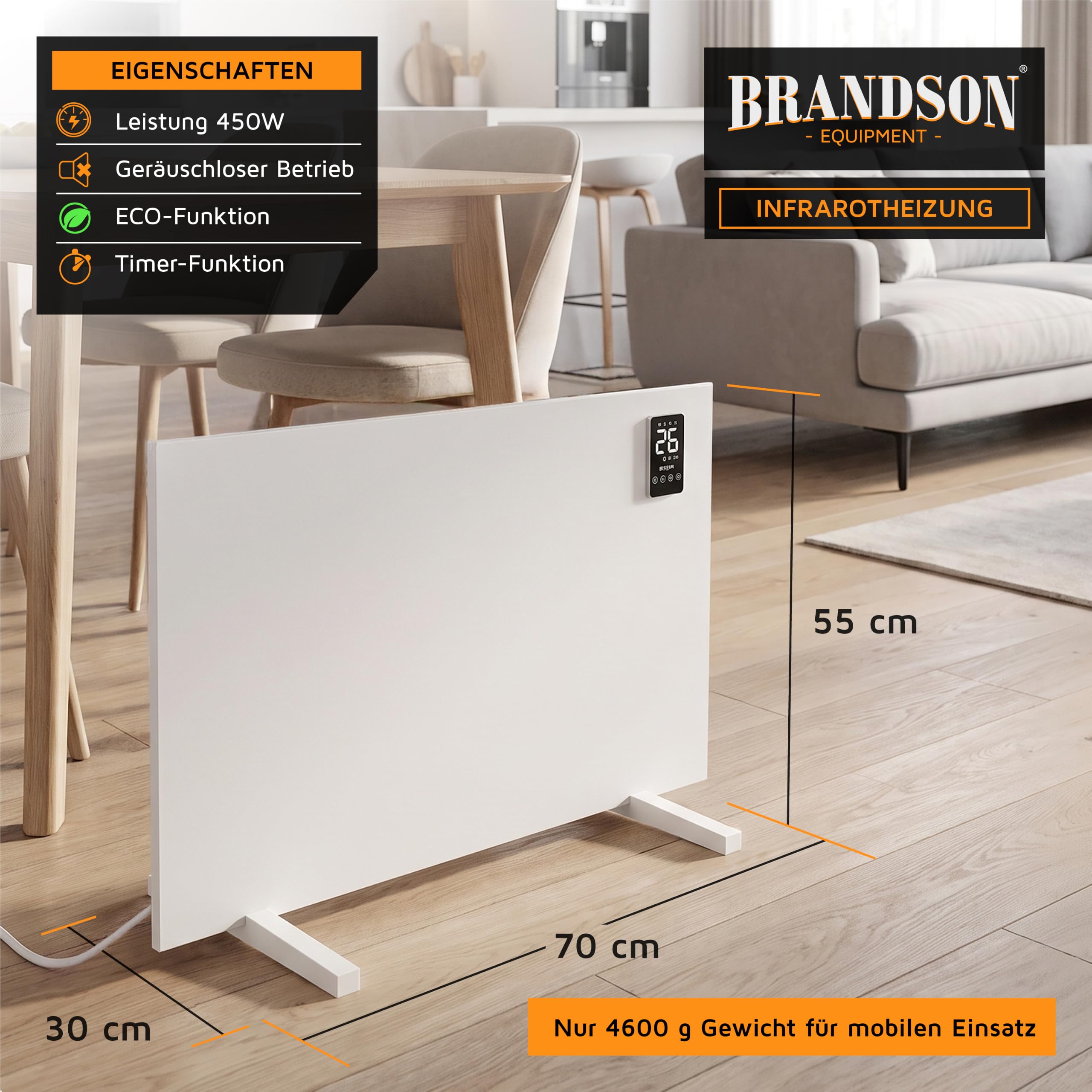Brandson - Infrarotheizung Smart mit App 450 Watt - Heizpaneel mit LED Display – Timer – APP Tuya Smart - Temperaturfühler Thermostat – wahlweise Wandmontage oder Standgerät - Heizung Infrarot