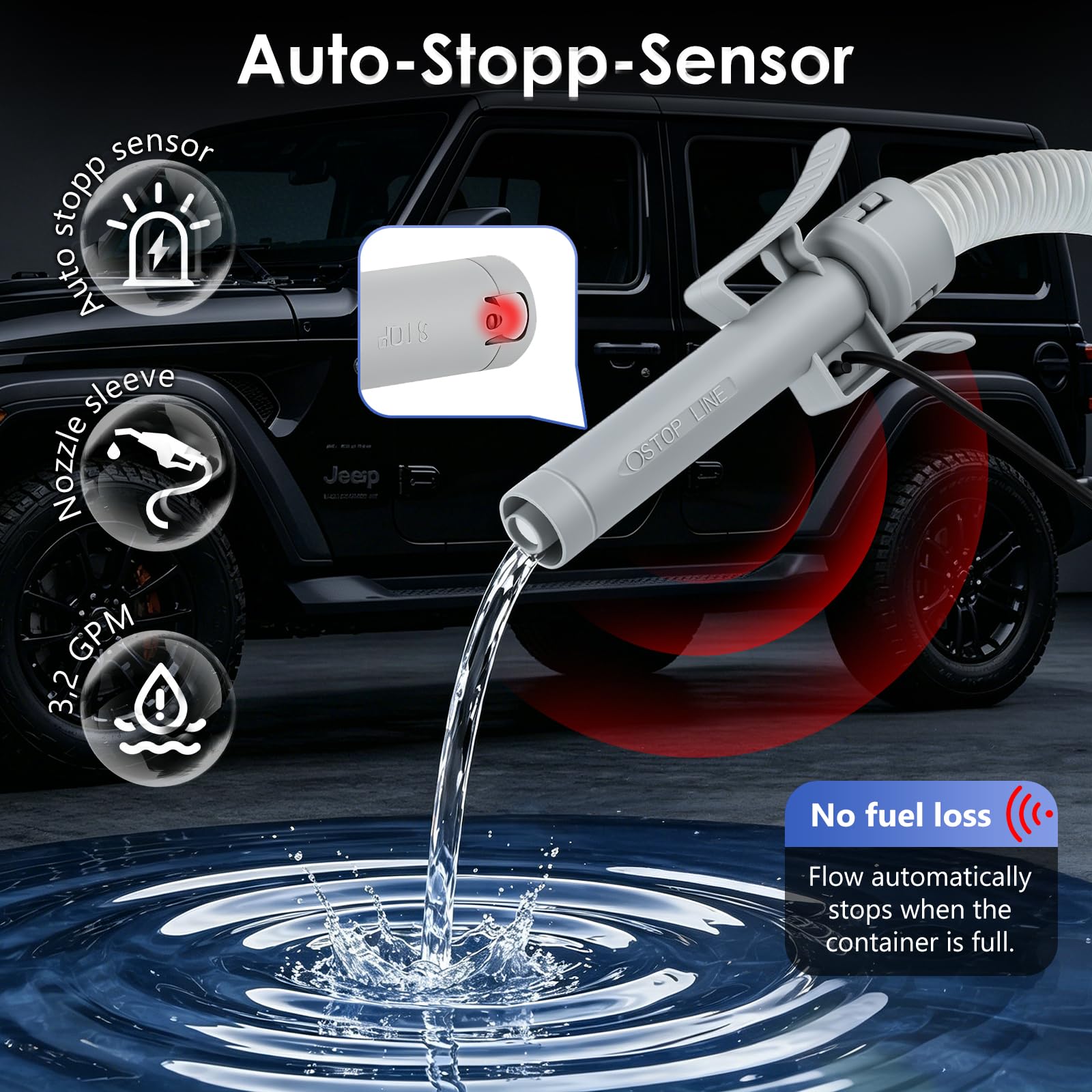 Pompa per carburante da 12V, pompa elettrica per benzina con sensore di arresto automatico e 4 adattatori, pompa diesel portatile per taniche, più fonti di alimentazione (batteria auto/AA), testa