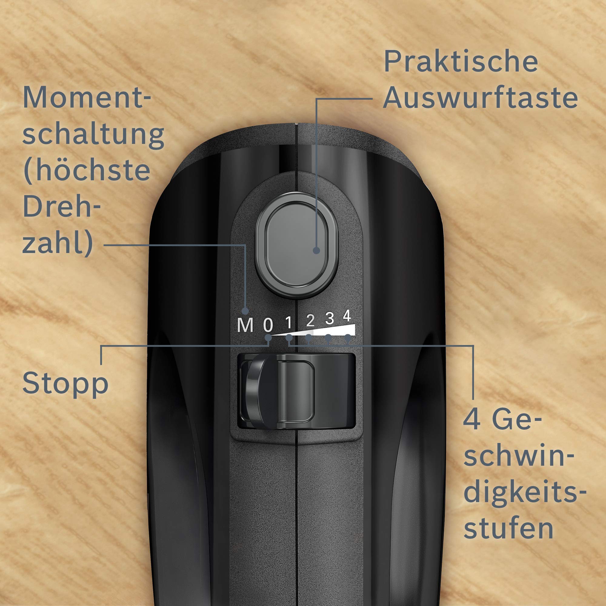 Bosch mfq2420b – Batidora (, 4 niveles de velocidad, moderna técnica del Motor, 2 Tubo escoba, 2 ganchos para amasar de acero inoxidable, 400 W, Piano Negro/Plata