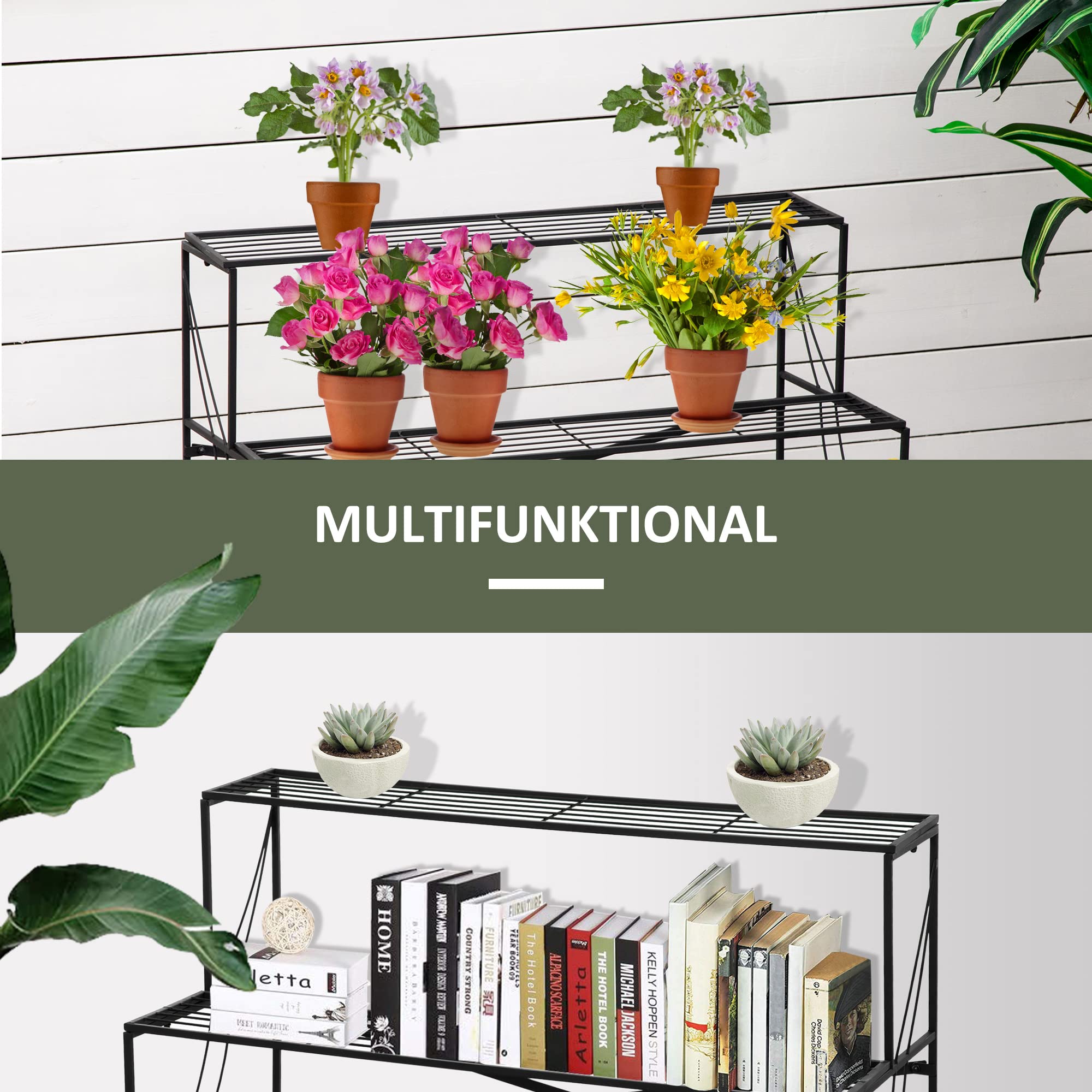 Outsunny Blumenständer 3 Stufen für Innen & Außen Schwarz 95 x 63 x 72 cm | Blumenregal aus Metall, Pflanzenregal, Blumentreppe, Garten, Balkon