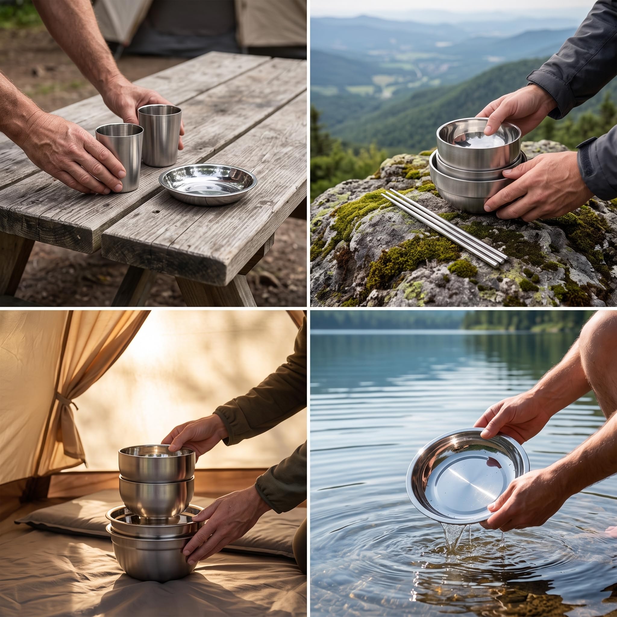 Camping Geschirr Set aus Elstahl, tragbares Outdoor Besteck Set für und Picknick, 11-teiliges Set aus Edelstahl
