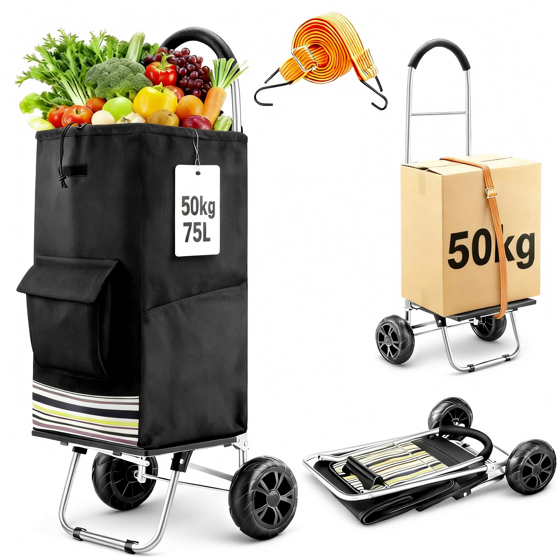 Einkaufstrolley, 75 l, faltbar, Einkaufstrolley, 2-in-1, Einkaufstrolley mit 2 Rädern, Einkaufstrolley mit Rahmen aus Edelstahl und Abnehmbarer Tasche aus wasserdichtem Segeltuch (schwarz)