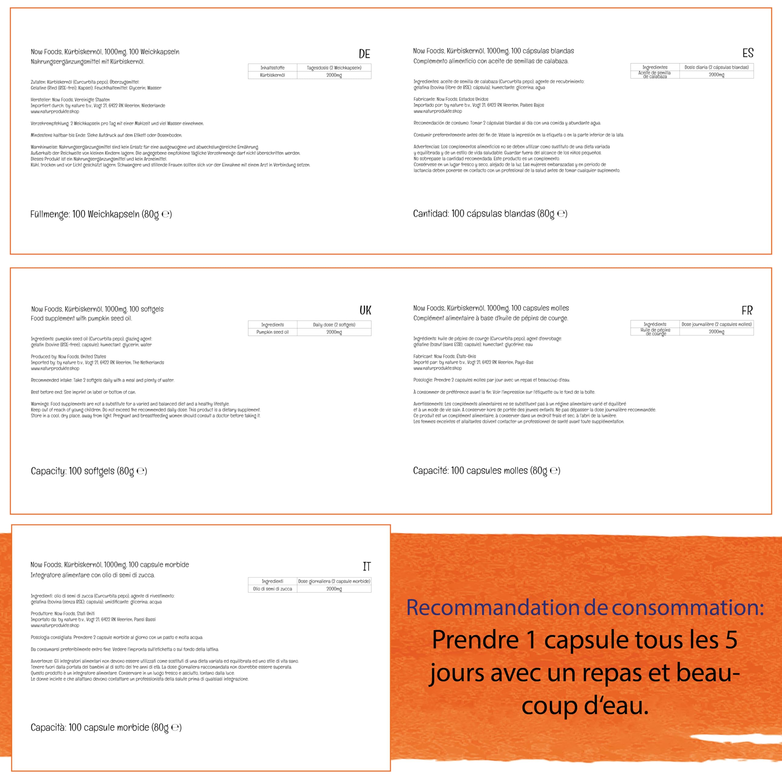 Now Foods, Pumpkin Seed Oil (Huile de Pépins de Courge), 1.000mg, 100 Capsules molles, Testé en Laboratoire, Sans Soja, Sans Gluten, Sans OGM