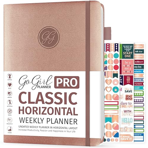 GoGirl Planner PRO - Undated Horizontal Layout Weekly Planner and Organizer + Budgeting and Expense Tracking Pages, Goals Journal &amp; Agenda, 18 x 25.5cm, Hardcover, Lasts 1 Year - Rose Gold