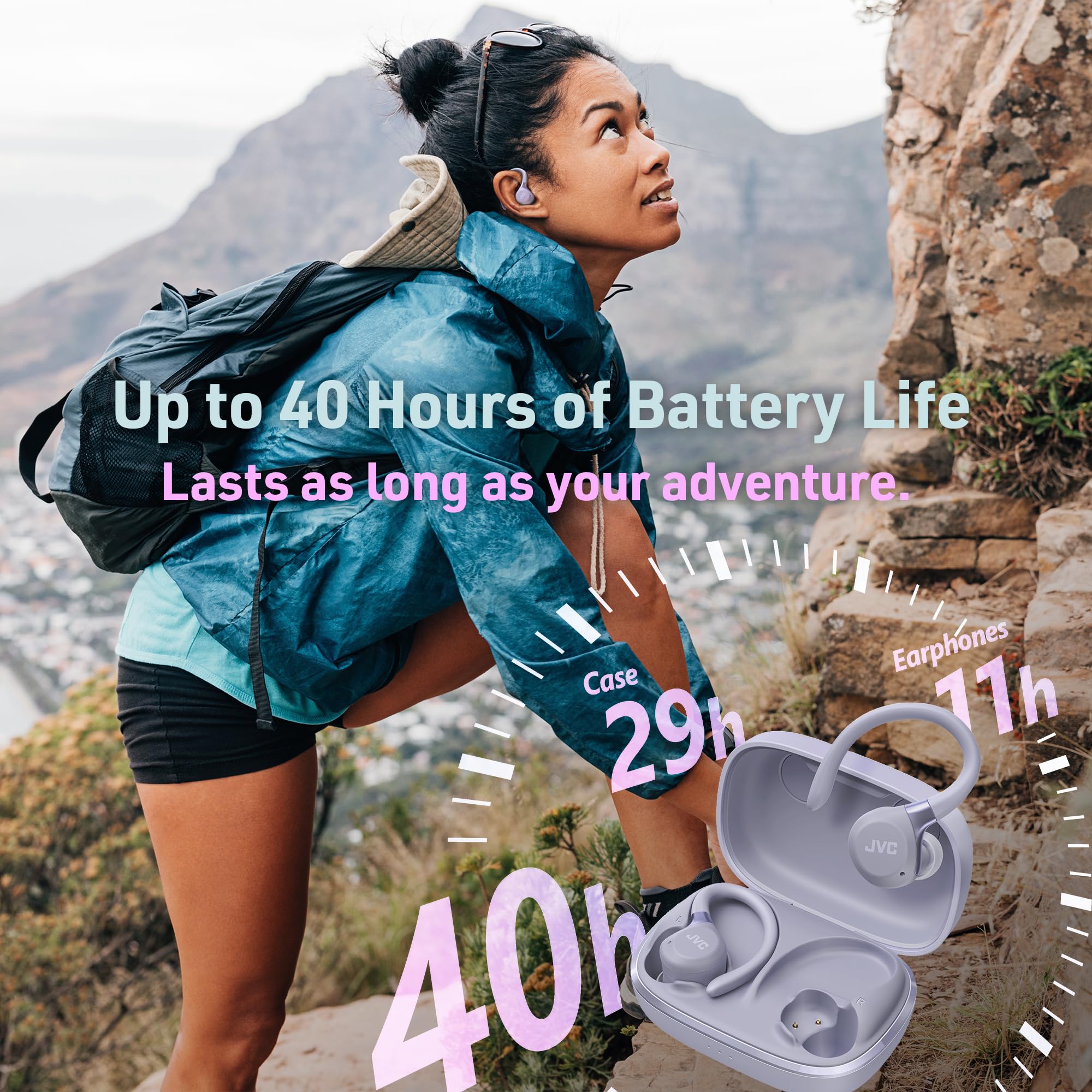 JVC HA-EC75T-V True Wireless Sport Earbuds con ganci regolabili, ANC, Modalità Ambient, IP57 impermeabili, 40h autonomia, EQ via app, bassa latenza e microfono integrato – Viola