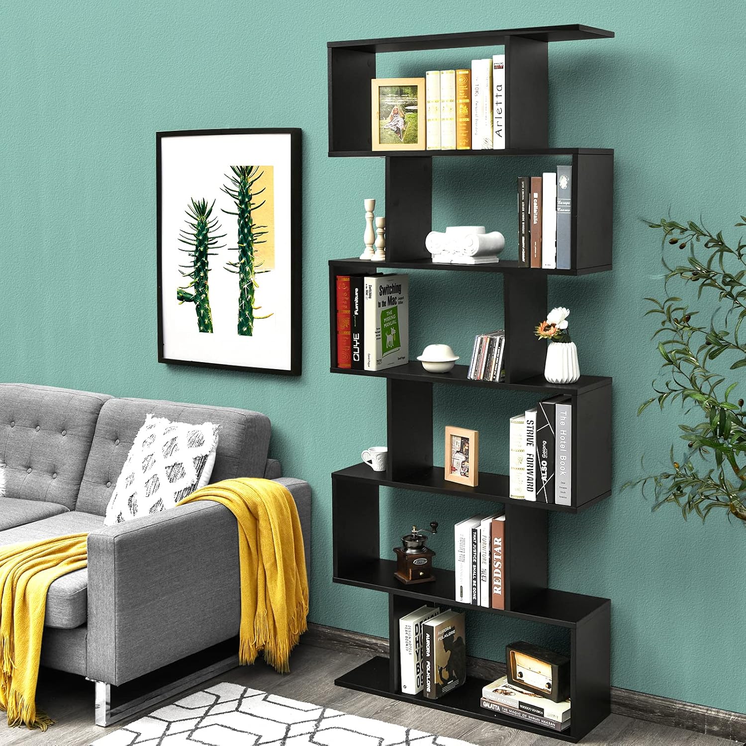 Tangkula 6 Tier S Shaped Bookshelf, 31.5''L x 9''W x 75''H, Wooden Bookcase and Bookshelves w/Anti-Toppling Device, Room Divider Display Shelves for Living Room, Home Decor, 6 Shelf Bookshelf