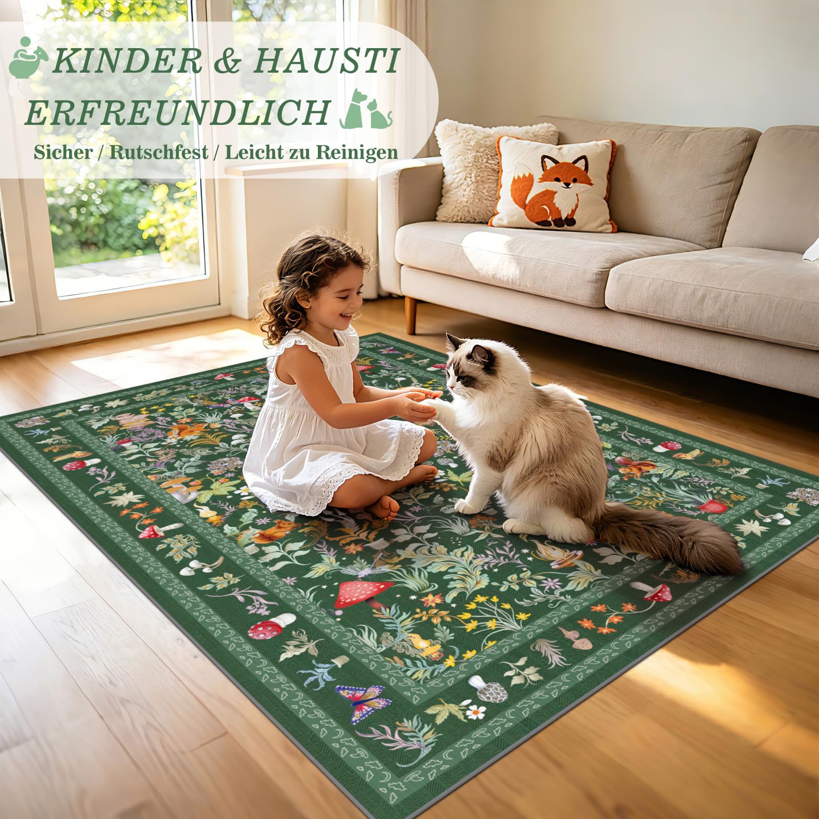 Teppich Wohnzimmer 120x180 cm, Märchenpilz Kurzflor Teppich Schlafzimmer, Waschbar Küchenteppich, Weich rutschfest Teppiche Kinderzimmer für Küche Esszimmer Gastzimmer Büro Grün