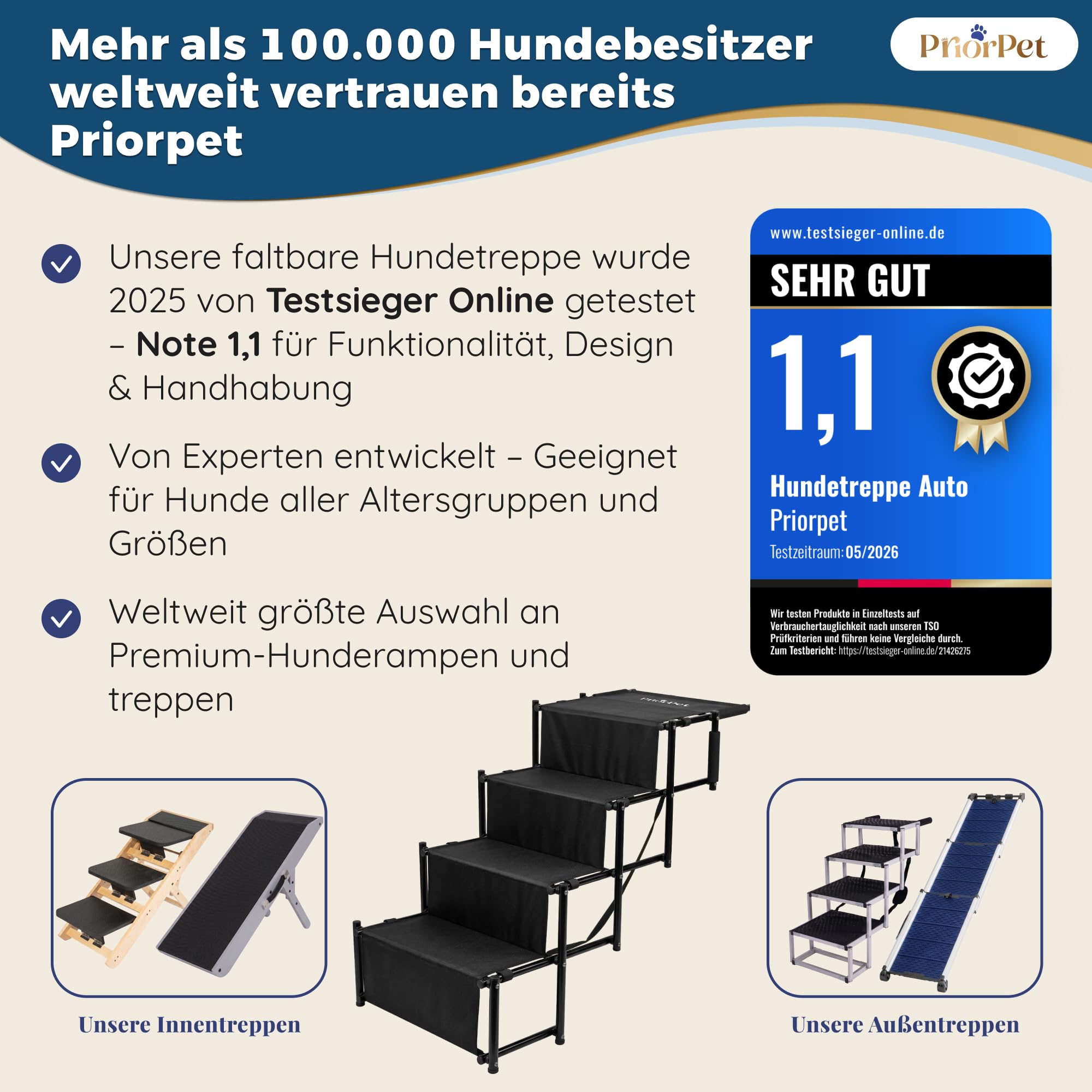 Hundetreppe Auto Klappbar – Leicht & Verstellbar 53–81 cm für SUV & Kombi – Hunderampe Alternative für Große Hunde – Gelenkschonende Einstiegshilfe – Geschlossene Stufen & Anti-Rutsch – Bis 65 kg