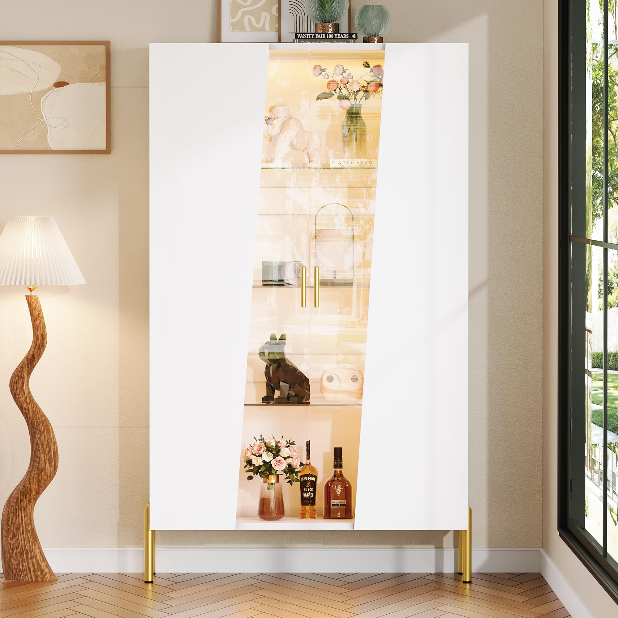 TIZZ Armadio in vetro 72 x 40 x 145 cm, con porta asimmetrica in vetro temperato, 3 ripiani in vetro, maniglia in metallo e piedini in metallo, come vetrina, per sala da pranzo, libreria, colore