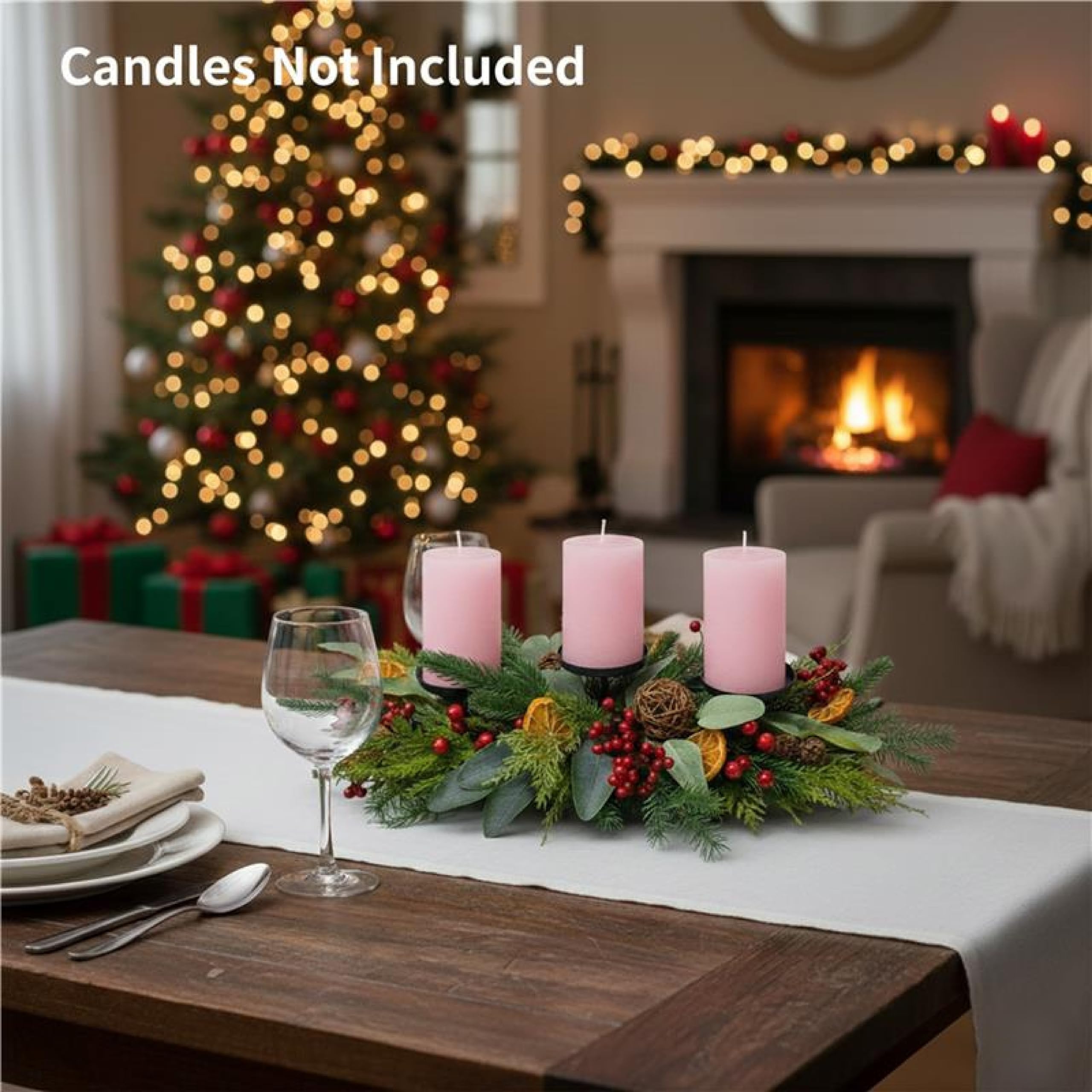 Décoration de Table de Noël avec Feuillage, Baie, Eucalyptus, tranches d'orange, Boules de rotin - Décoration Festive pour la Maison, la Salle à Manger, la cheminée - 66 cm