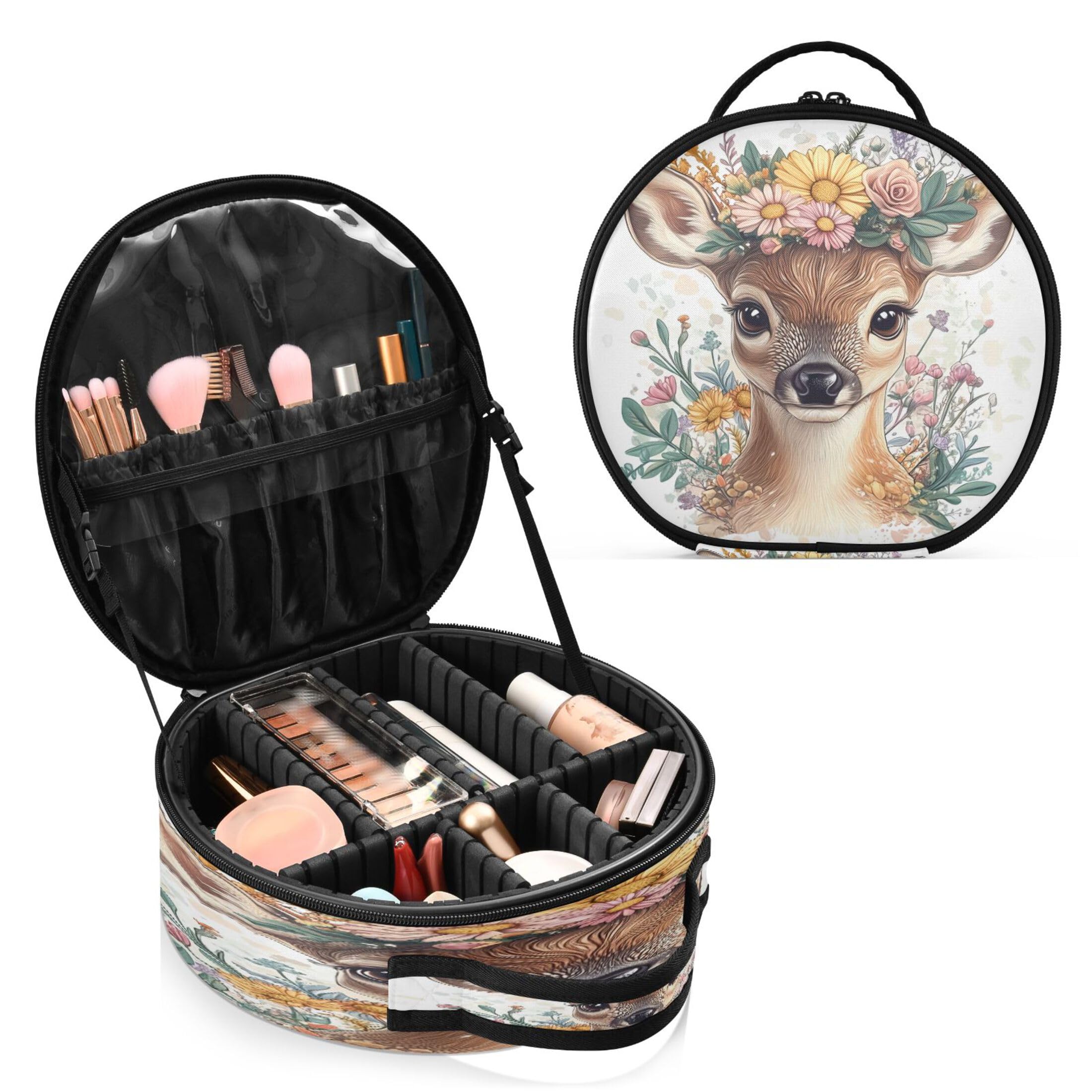 Takiito Deer with Flower Wreath Travel Makeup Case Portable Makeup Box Artist Cosmetic Case Organizer With Adjustable Dividers
