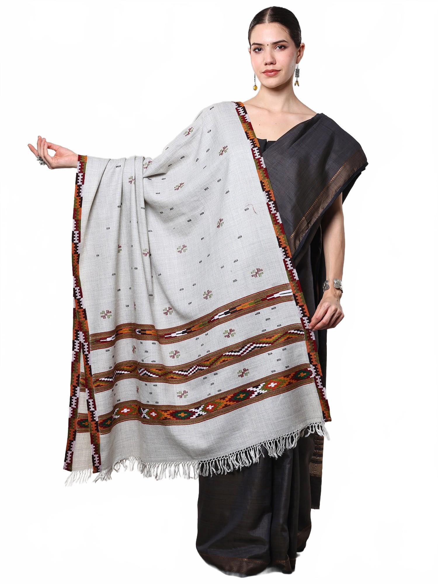 Kullu Wool Shawl with Woven Bootis and Triple Kinnauri Border Ethnic Design Stole, Scarves for Women's-image-12