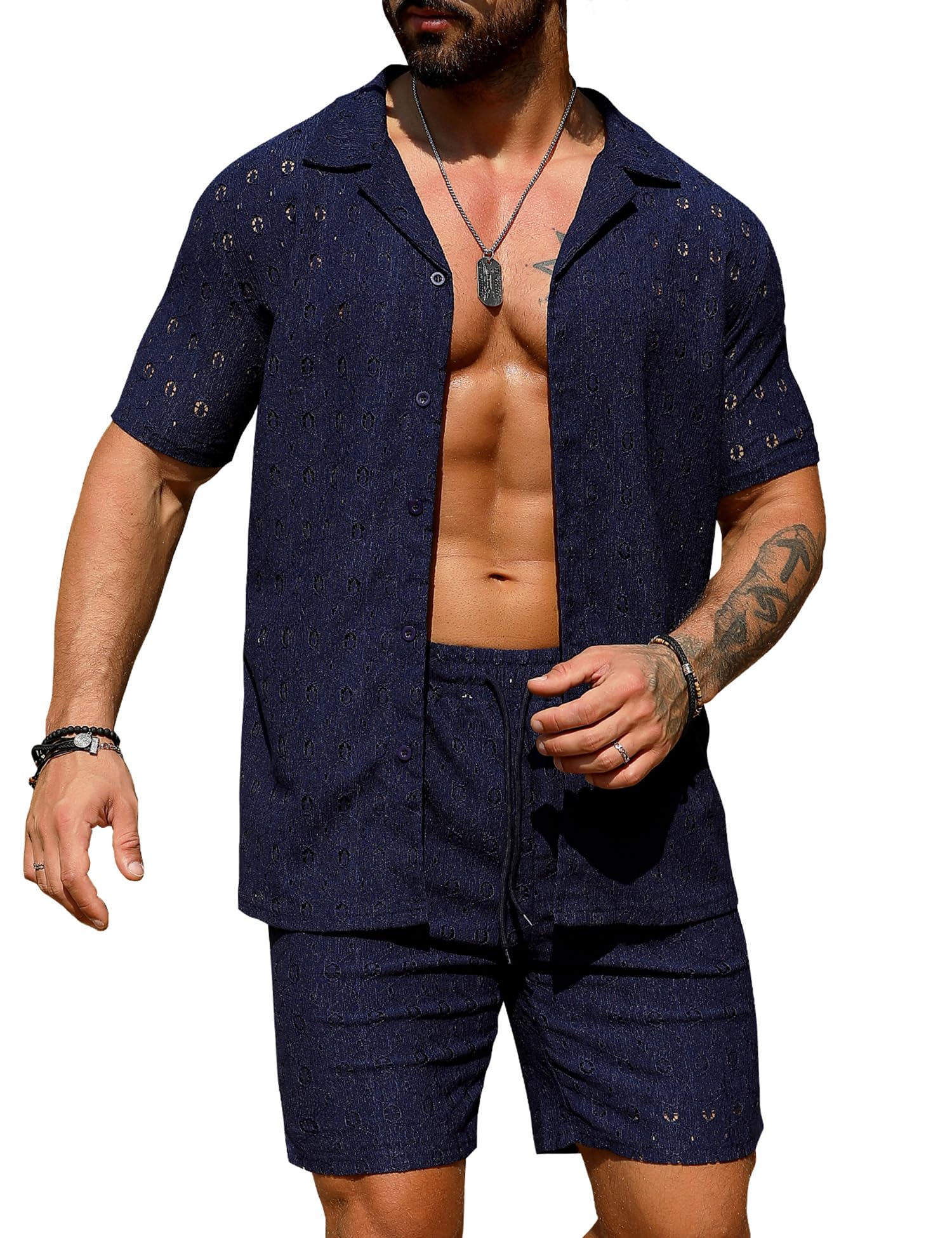 URRU Men's 2 Pieces Outfits Sheer Lace Set
