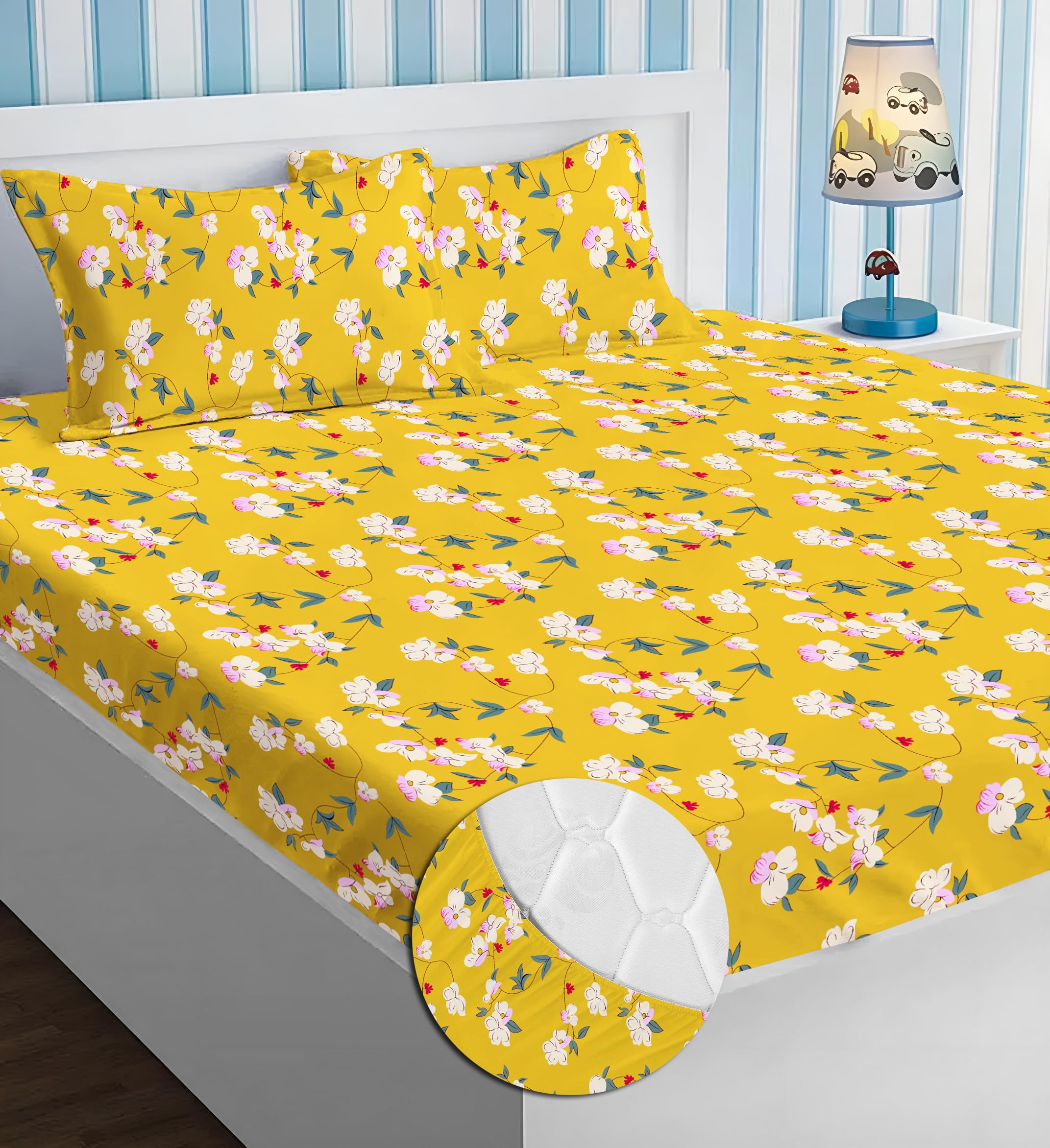 BSB HOME Premium Microfiber All Round Elastic Fitted Bedsheets for Double Bed with 2 King Size Pillow Covers 160 TC Supersoft |Wrinkel Free Bed Cover Size - 72x78+8 inches | Yellow & Green