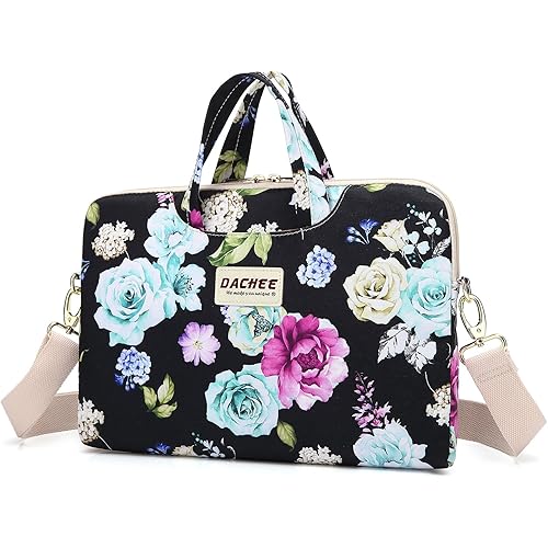 Dachee Black Flowers Patten Waterproof Laptop Shoulder Messenger Bag Case Sleeve For 14 Inch 15 Inch Laptop Case Laptop Briefcase 15.6 Inch