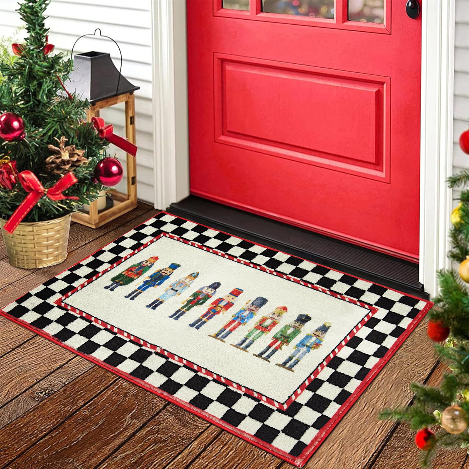 Christmas Nutcracker Indoor Doormat Washable Low Pile 2x3 Entrance Rug, Vintage Cute Checkerboard Holiday Christmas Throw Small Area Rugs for Bathroom