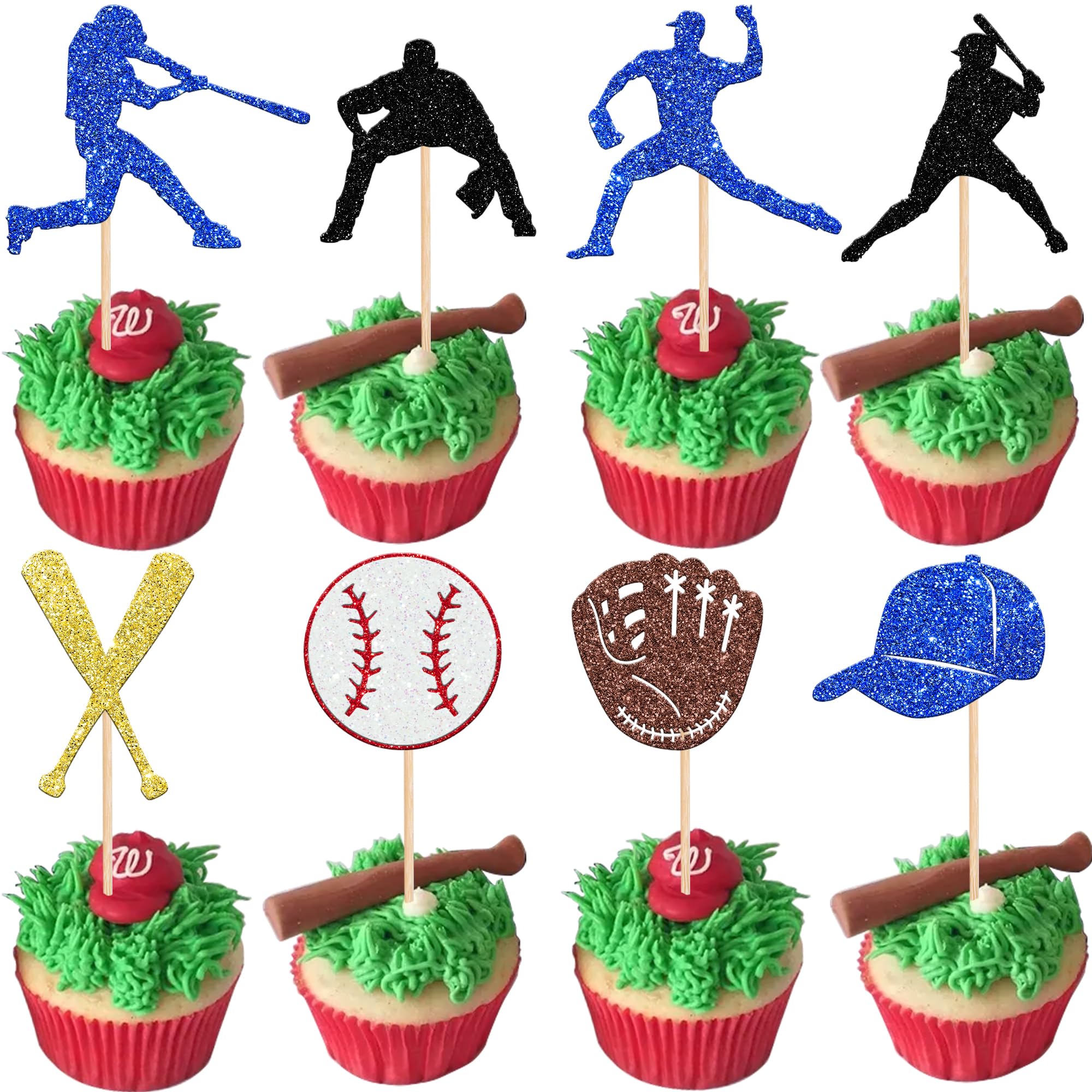 24 PCS Baseball Cupcake Toppers Glitter Baseball Players Sports Theme Cupcake Picks for Baseball Theme Baby Shower Birthday Party Cake Decorations Supplies