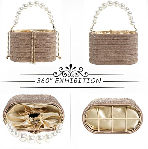 Miniatura 3 de Bolso de mano para mujer, bolso de noche de cristal con asa superior de perlas, bolsa de cubo de metal con cadena desmontable