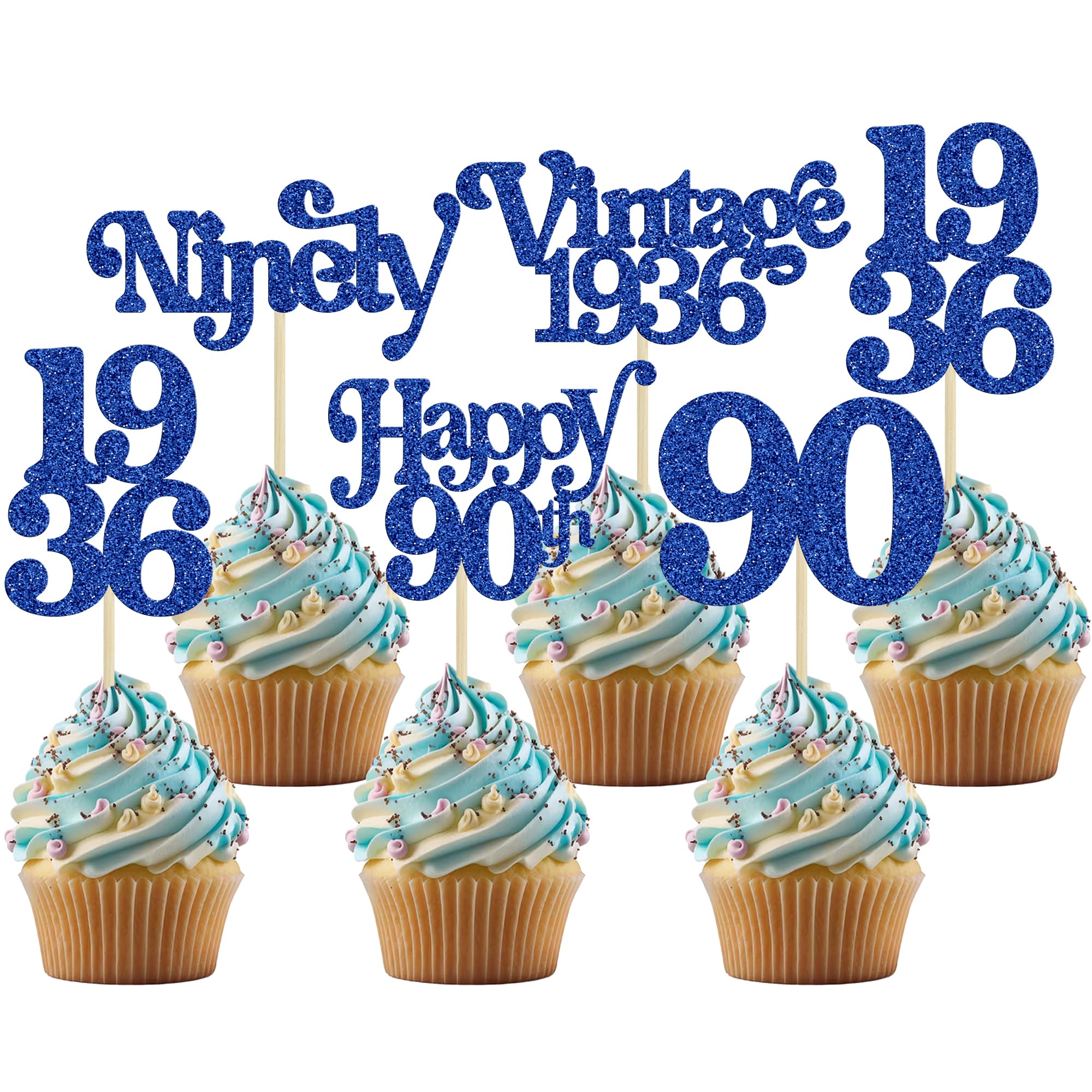 Gyufise 30Pcs 90th Birthday Cupcake Toppers Glitter Vintage 1936 Cheers to 90 Fabulous Ninety Cupcake Picks 90th Birthday Wedding Anniversary Party Cake Decorations Supplies Blue โ image 1