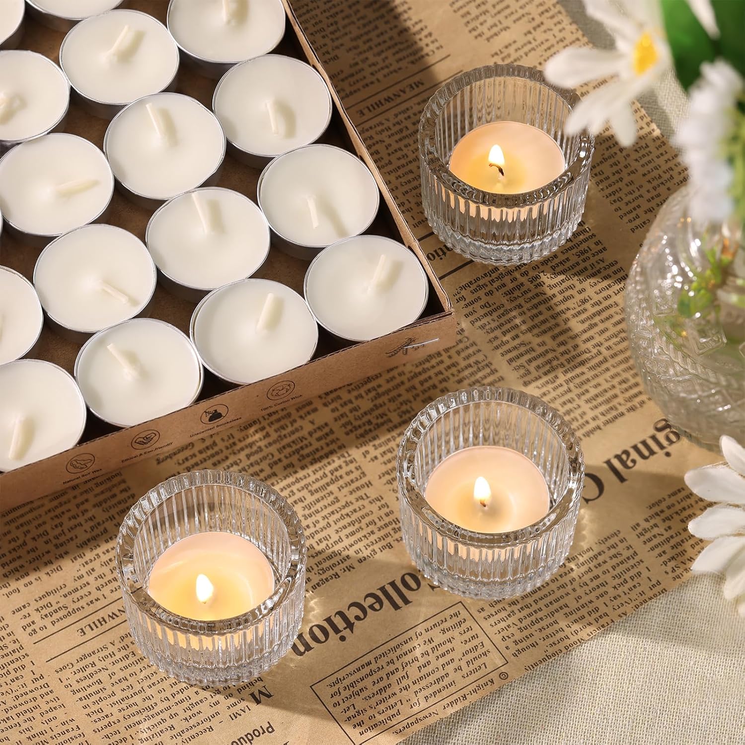 NITIME 30Pcs Clear Tealight Candle Holder with 32pcs Tea Light Candles, Ribbed Votive Candle Holders Glass for Table Centerpiece, Wedding Decor, Home and Holiday Decor