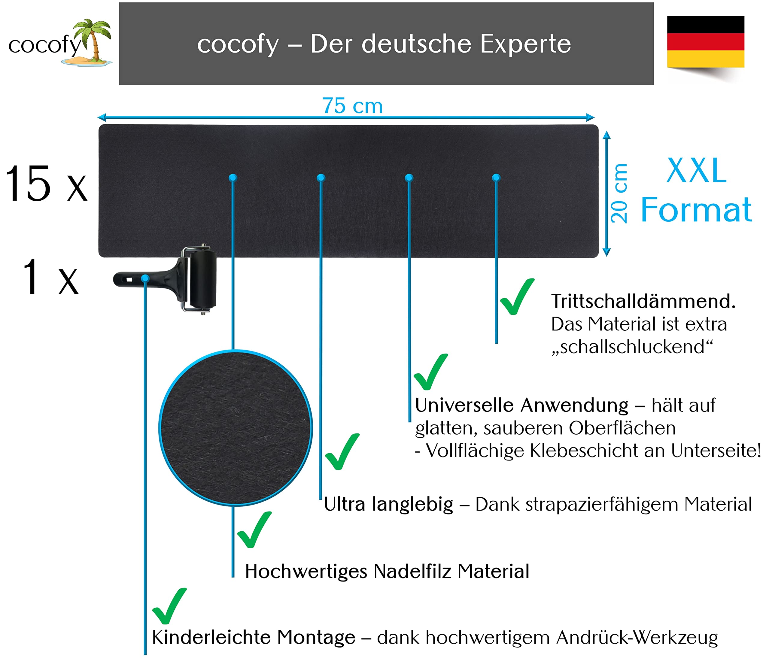 Treppenstufen Matten modern 15er Set, 75x20 cm groß Filz selbstklebend | Stufenmatten innen 15 Stück Teppich Treppenstufen Treppenteppich selbstklebend Treppen Teppichstufen schwarz