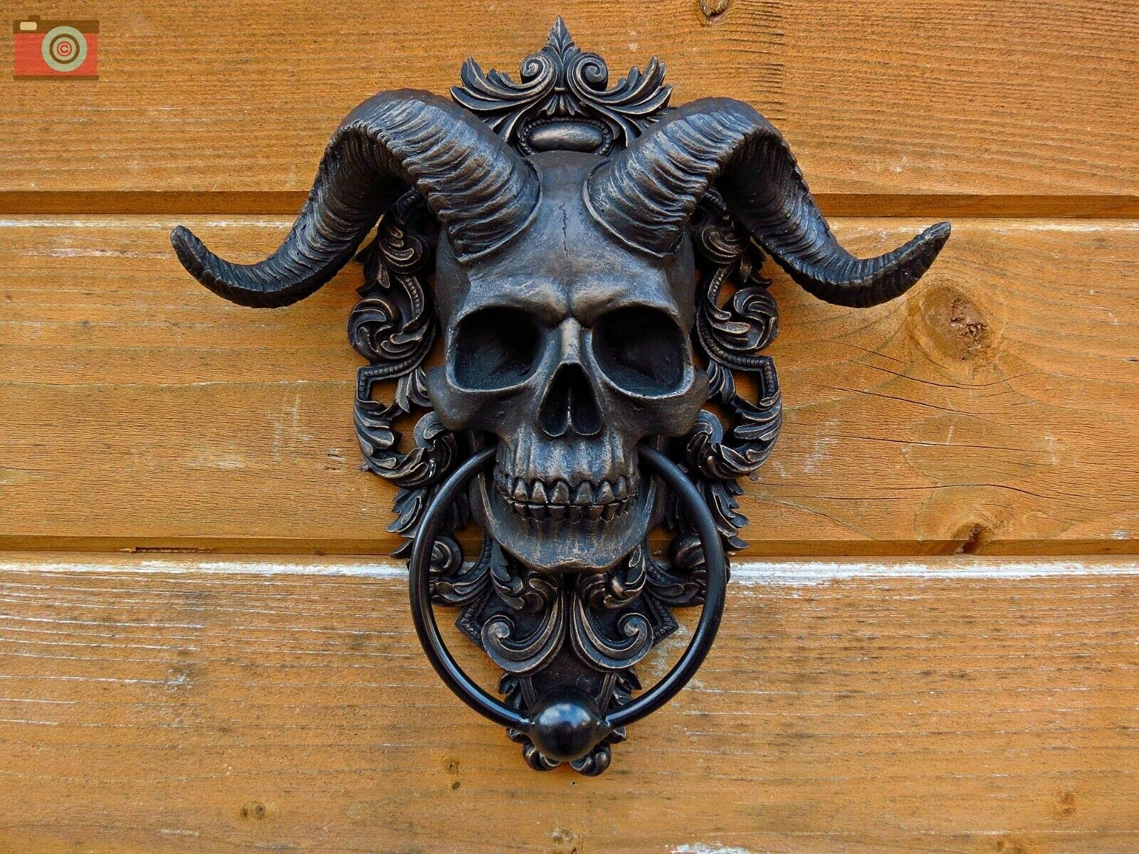 QPGVBP Baphomet Sabbatic Goat of Horned God Skull Hanging Door Knocker - Diabolical Horned Skull Hanging Door Knocker Wall Decor, Occult Gothic Gift, 9.5" High Satanic Devil Lucifer Accent