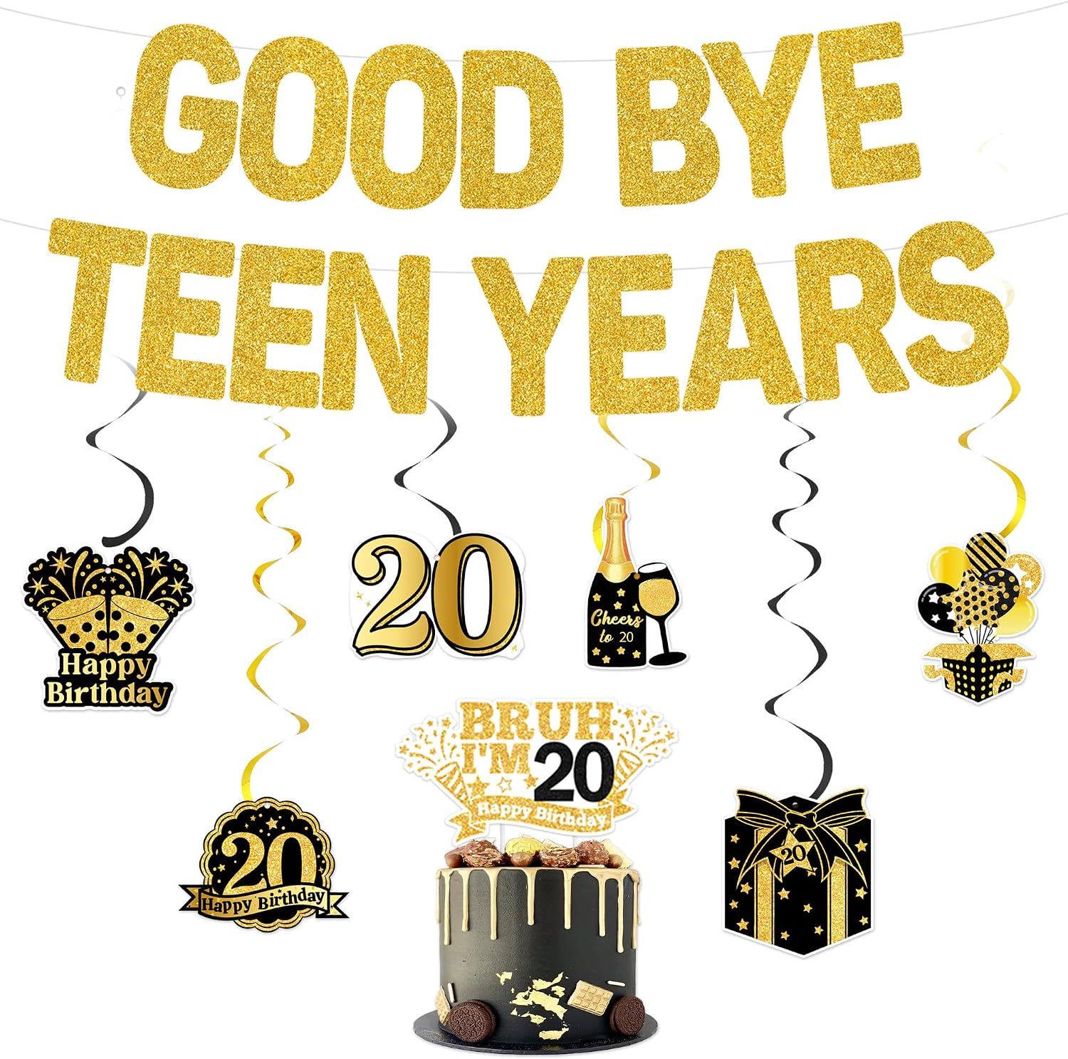 Pre-Strung 20th Birthday Banner Decorations - 8pcs Black Gold Glitter Goodbye Teen Years Banner with Hanging Swirls, Cake Topper Twenty Birthday Decor for Him 20 Years Old Youth Men