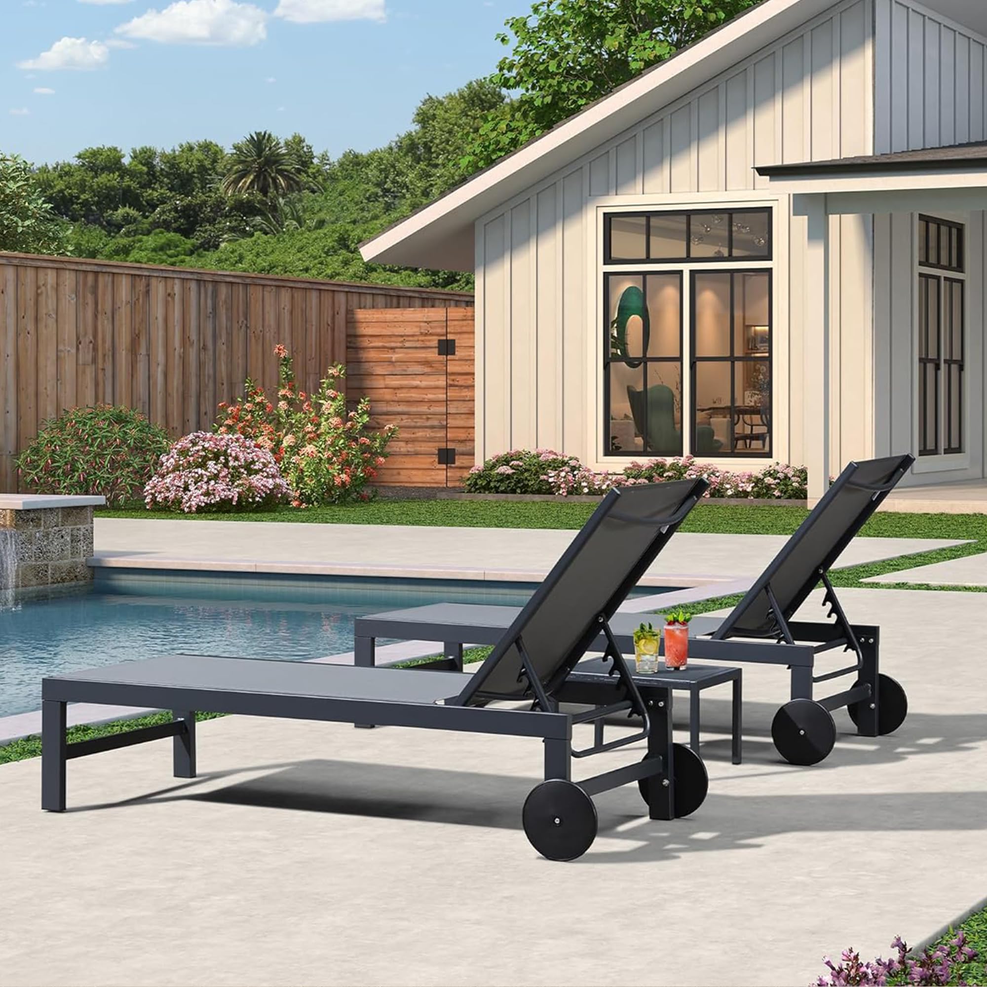 PURPLE LEAF – Juego de 2 bañeras de sol con mesa textil, tumbona para jardín, exterior, piscina, aluminio, tumbona plegable, 2 ruedas, gris
