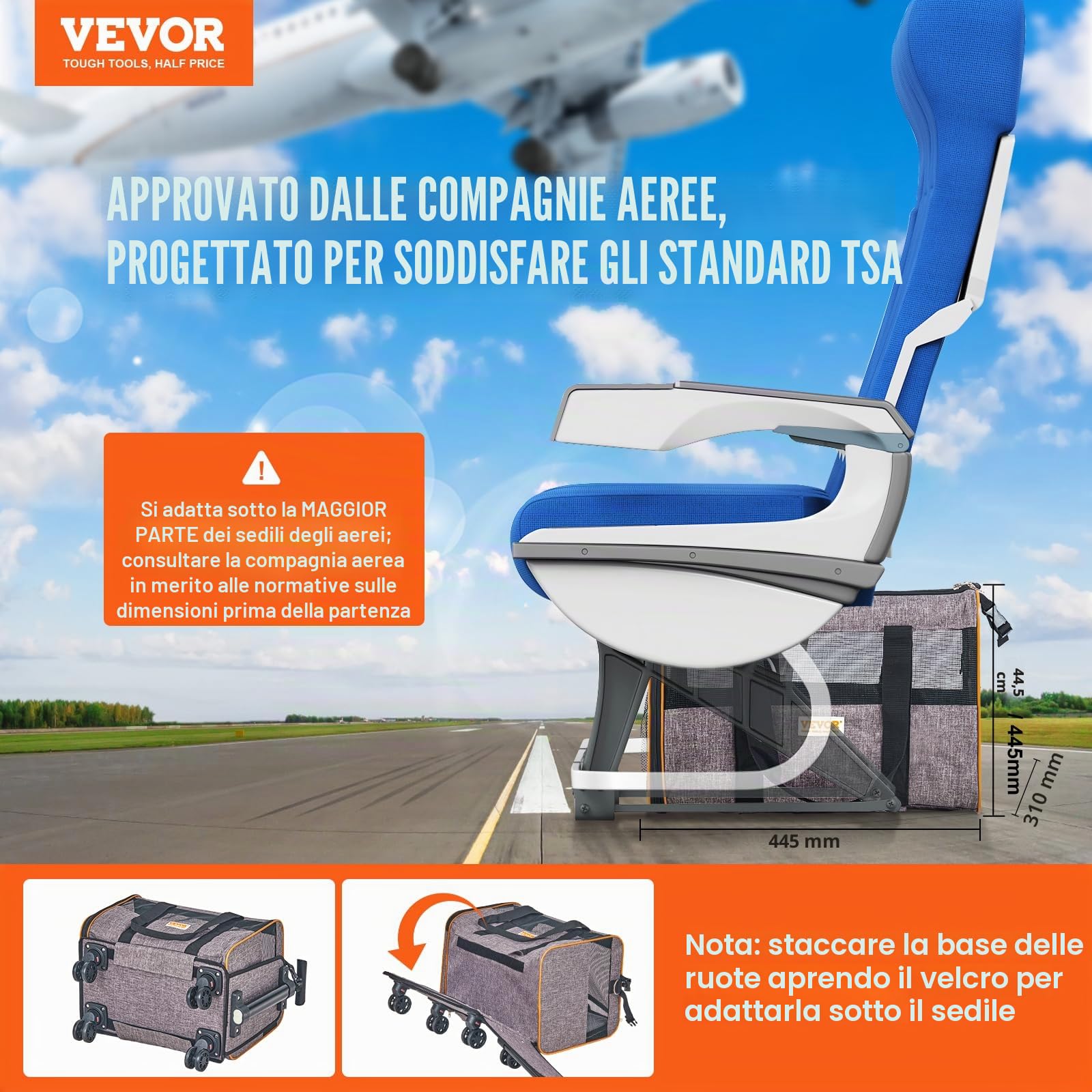 VEVOR Trasportino per Cani e Gatti con Maniglia Telescopica e Ruote, Carico Massimo 9,9 kg Borsa Porta Animali Domestici Approvato dalla Compagnia Aerea, Tessuto Oxford 600D Cerniera Autobloccante