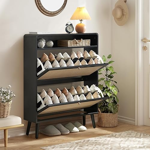 Miniatura 8 de Hommoo Gabinete de almacenamiento de zapatos de ratán con 2 puertas abatibles, armario estrecho de madera para zapatos con estantes ajustables,