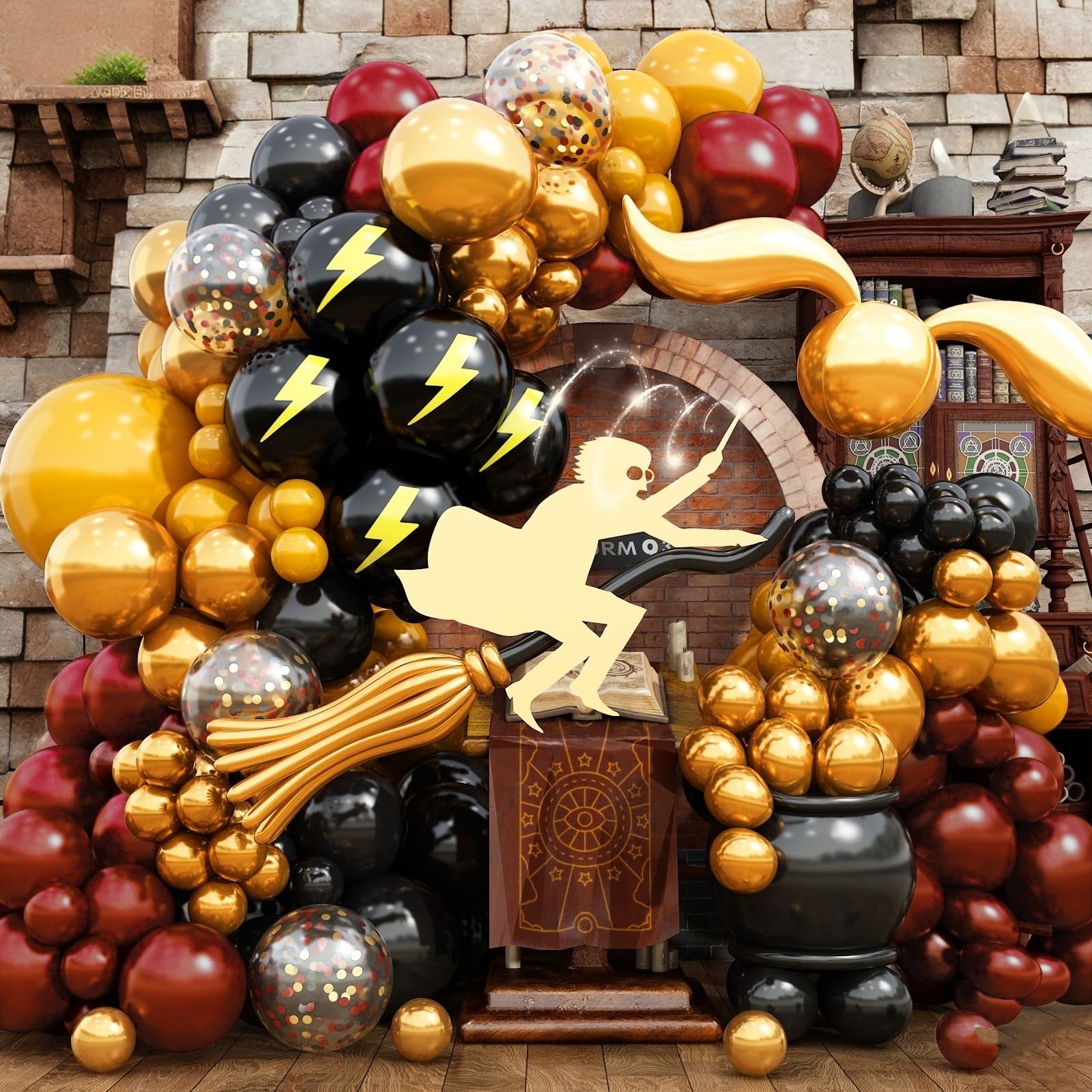 144PC Magical Wizard Arch Kit, Burgundy Black Gold Lightning Balloons, Broom Snitch Foil Balloons, Maroon Yellow Confetti, School Birthday Decorations