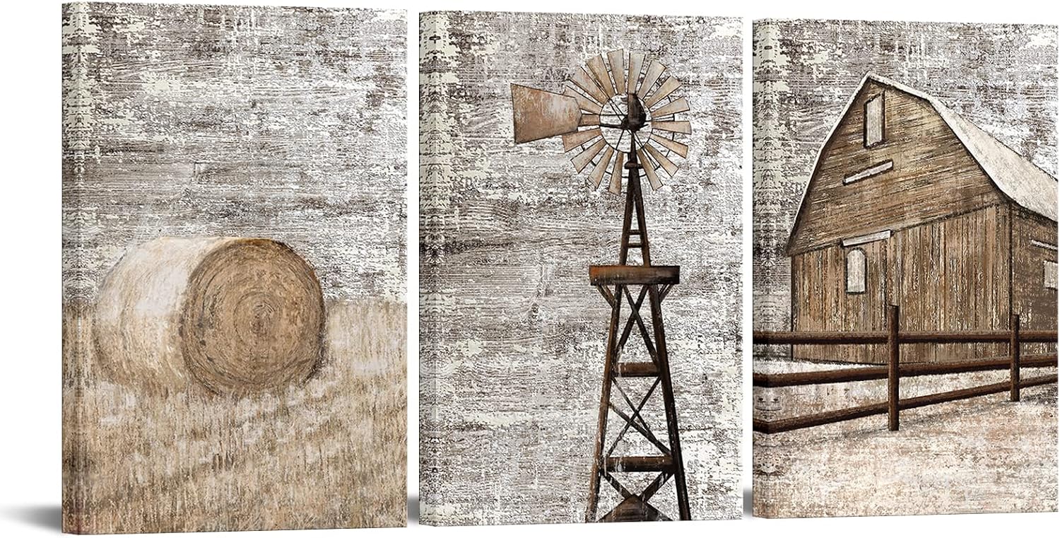 Apicoture Barn Wall Art (Large Size) -Rustic Farmhouse Canvas Wall Art Farm Barn Windmill Pictures Wall Decor for Living Room Bedroom Framed16 x24 x3 Large Panels
