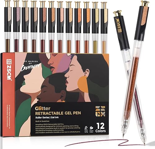 Bolígrafos de gel retráctiles con purpurina, 12 colores de gran capacidad en tono de piel con purpurina metálica de tinta de gel de 0.039 in de