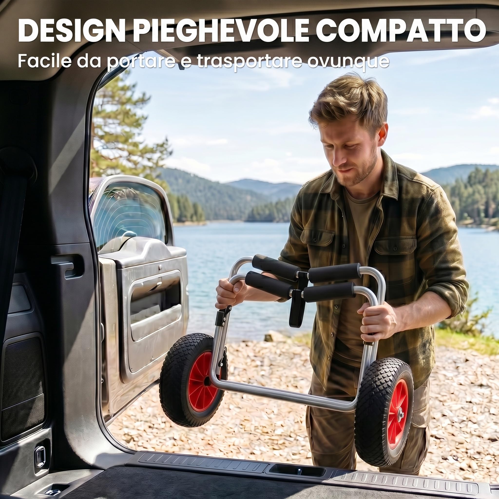 HOMCOM Carrellino da Spiaggia Pieghevole per Kayak e Canoa con Paraurti e Doppio Cavalletto, Carrello Spiaggia in Alluminio e NBR, 70x40x42 cm, Multicolore