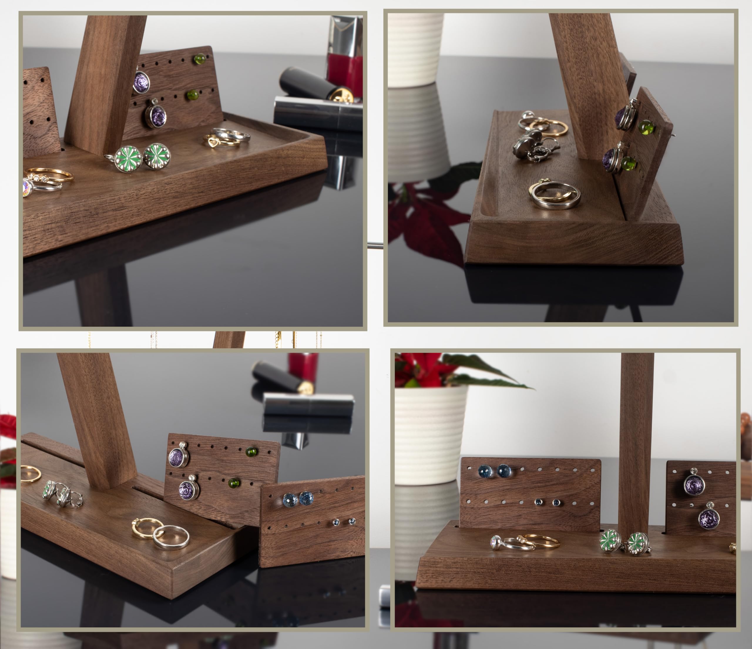 Wood and Steel Design – Schmuck Organizer für Ketten, Ringe, Ohrringe, Ketten, Halsketten und Armbänder, 4 Ebenen, Nussbaum Massivholz/Edelstahl