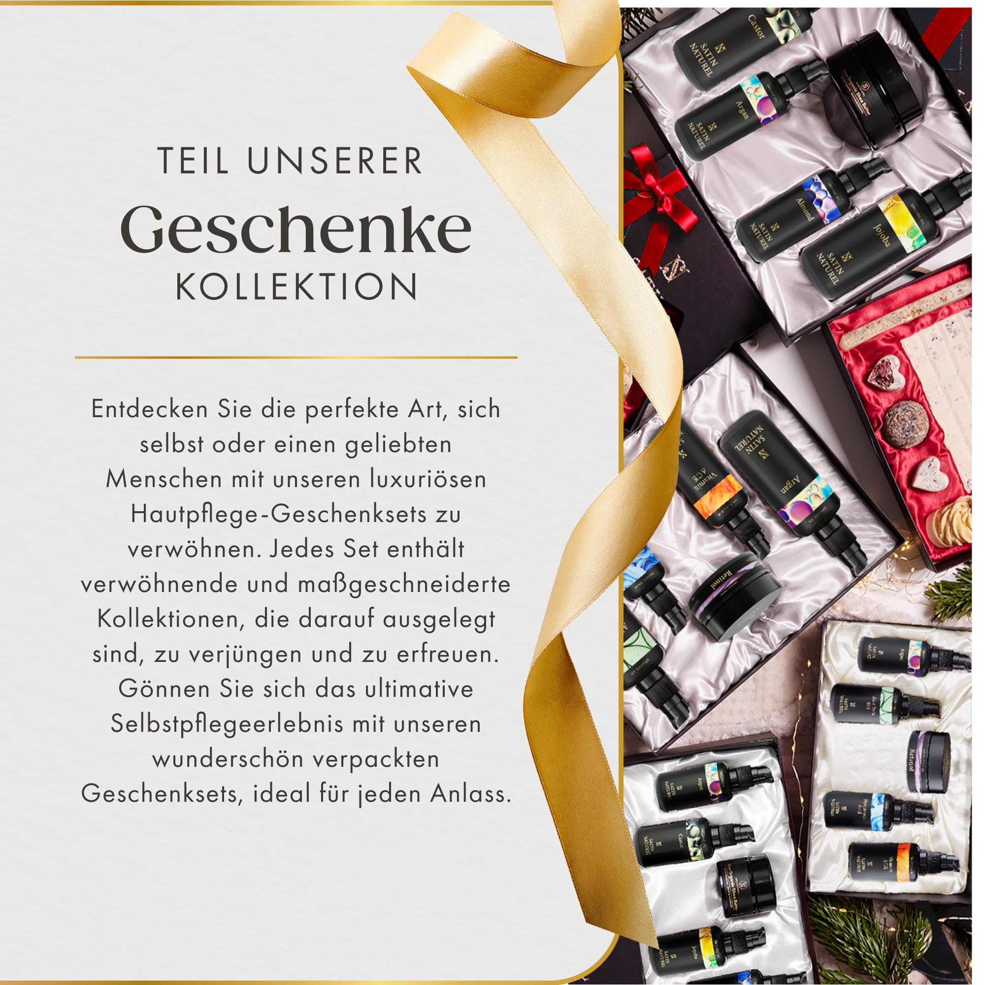 Satin Naturel Geschenkset für Frauen 5x30ml Skincare Routine Aloe Vera Gel Arganöl Vitamin C Serum Hyaluron Serum Retinol Creme Vegan Luxus Geschenkbox Premium Edition