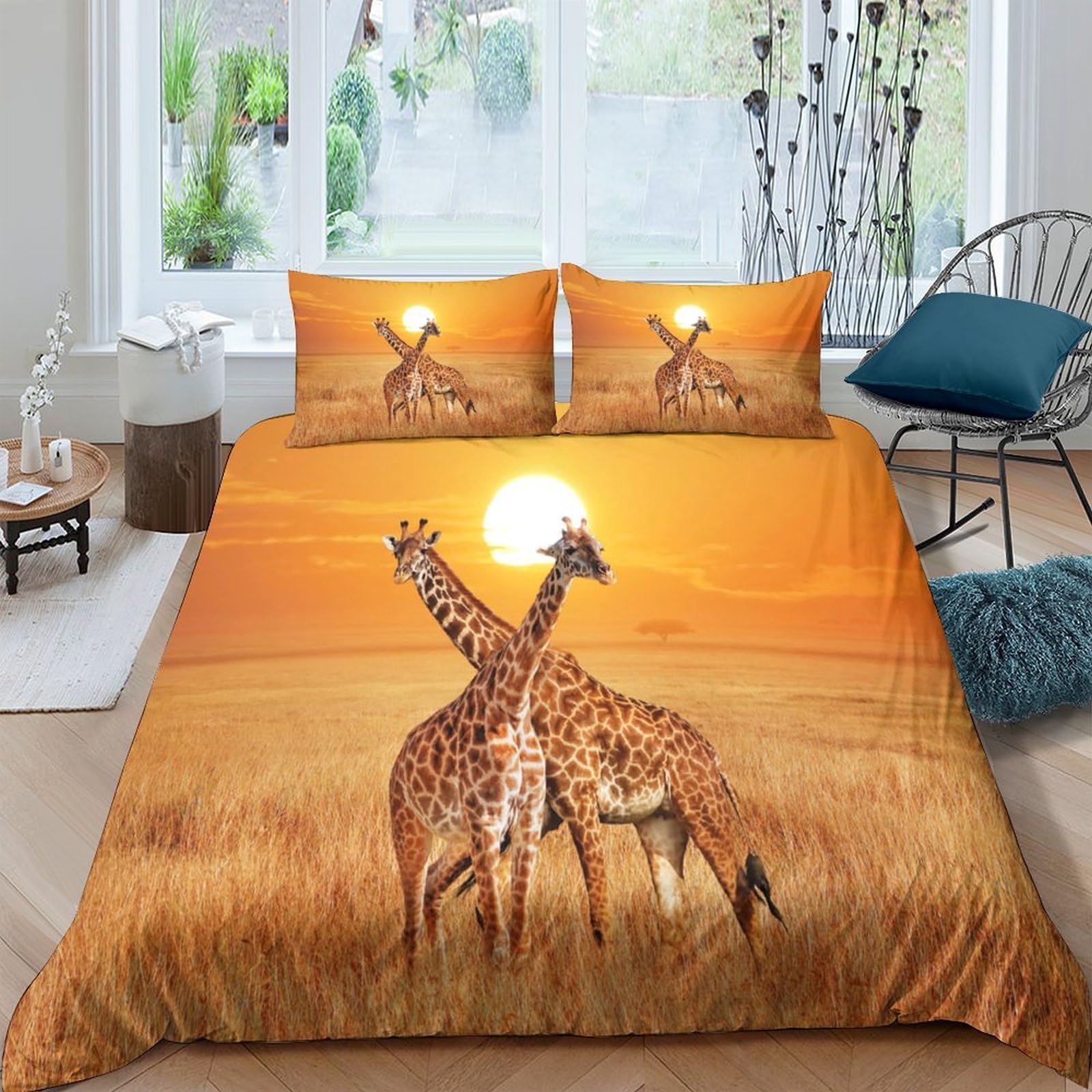 Ctjqhvkz Style-3 3D Printed Sunset Savannah Fitted Sheet Microfiber Soft Giraffe Bed Cover For Bedroom Guest Room Decor Dustproof Single（135X200cm）