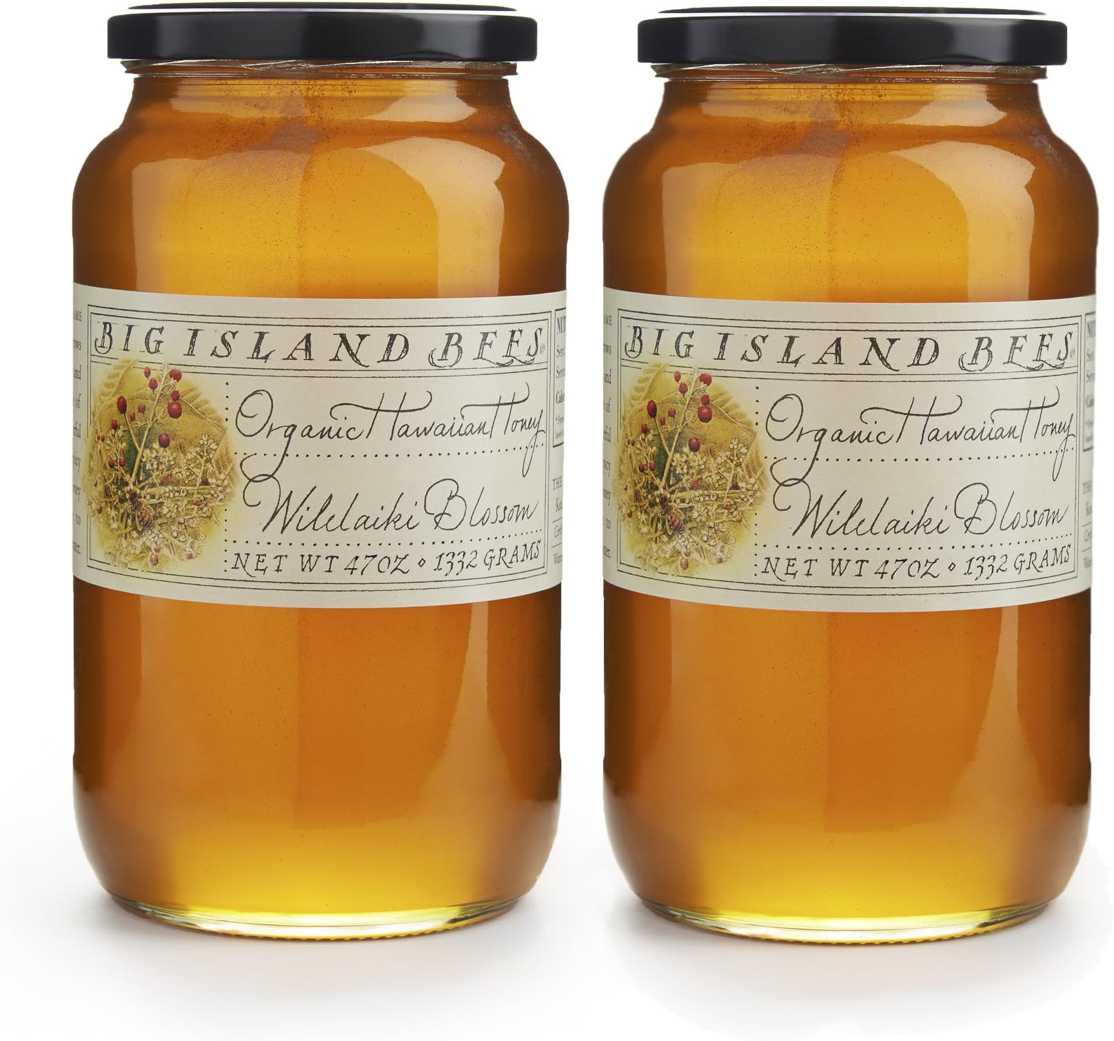 2-Pack of Big Island Bees Wilelaiki Honey (Hawaiian Christmas Berry), Organic Raw Hawaiian Honey - (Two Large 47 oz Glass Jars)